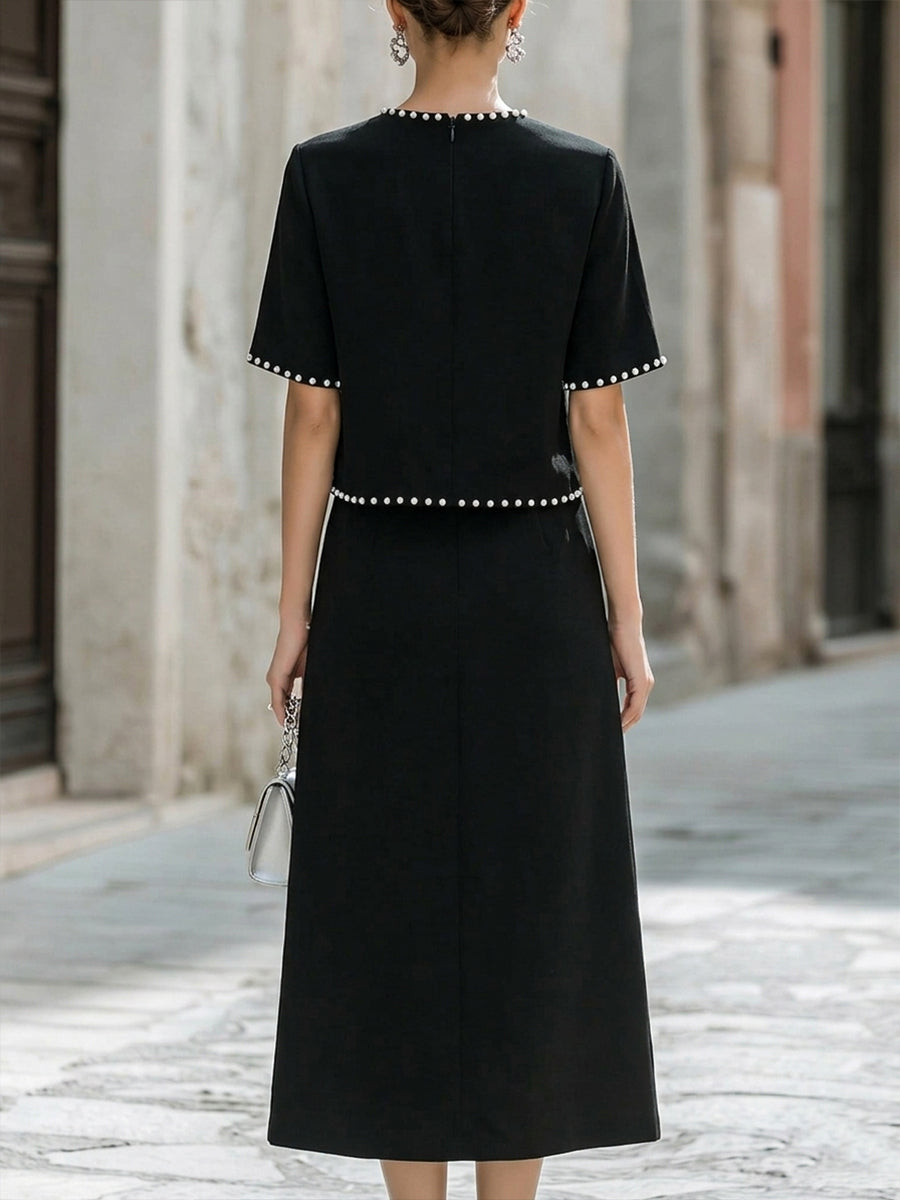Léon Varel Elegant Pearl-Trimmed Two-Piece Midi Skirt Set