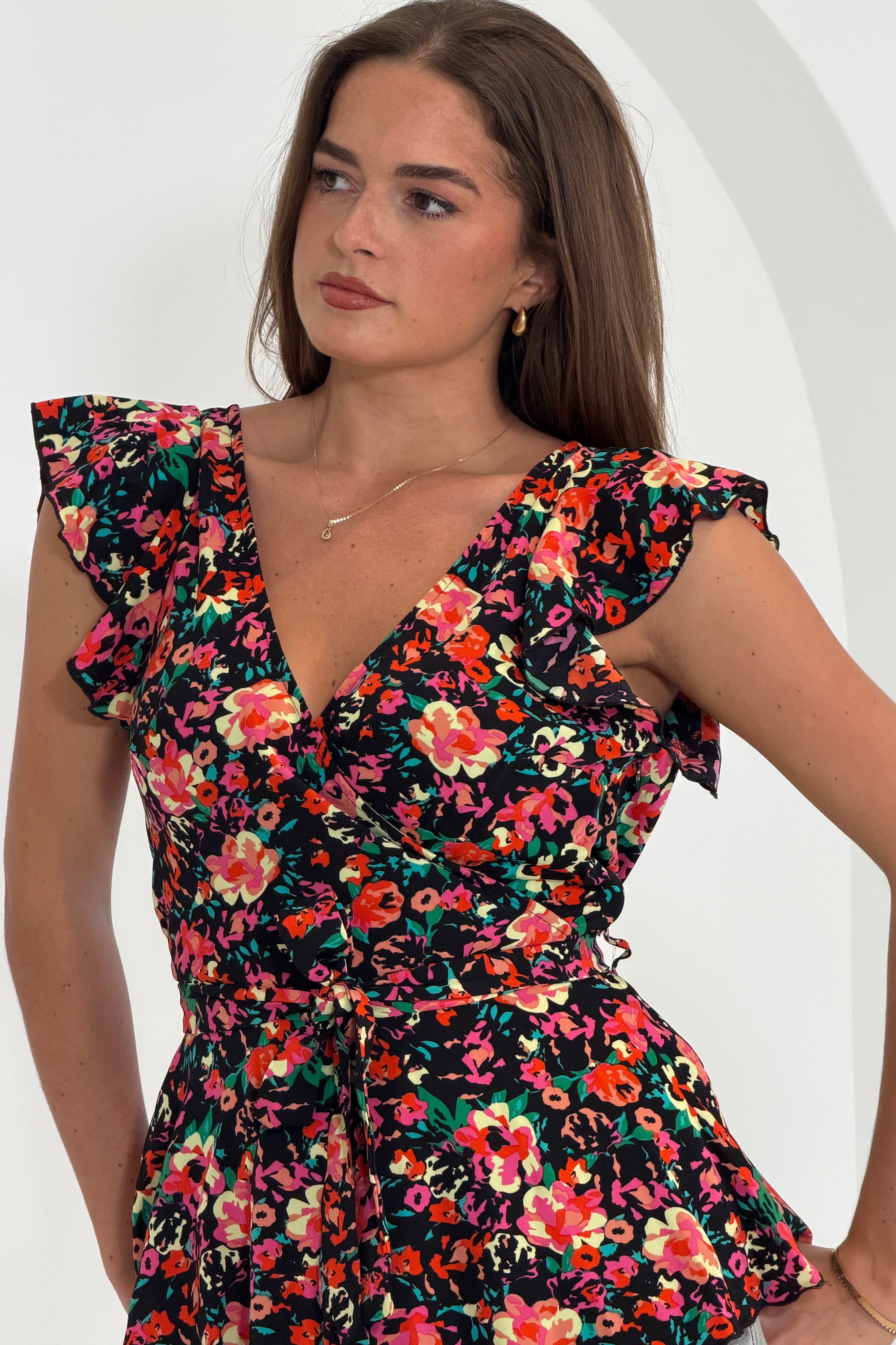 Juniper Black Floral  Frill Detail Wrap Peplum Top