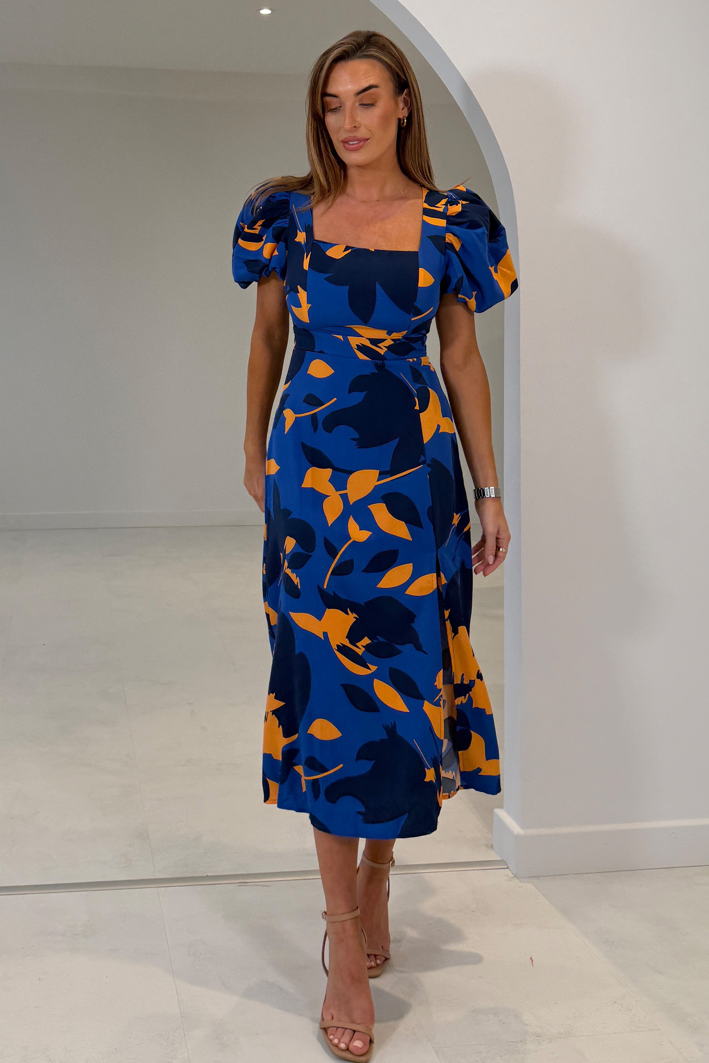 Shanice Cobalt & Orange Floral Square Neck Midi Dress
