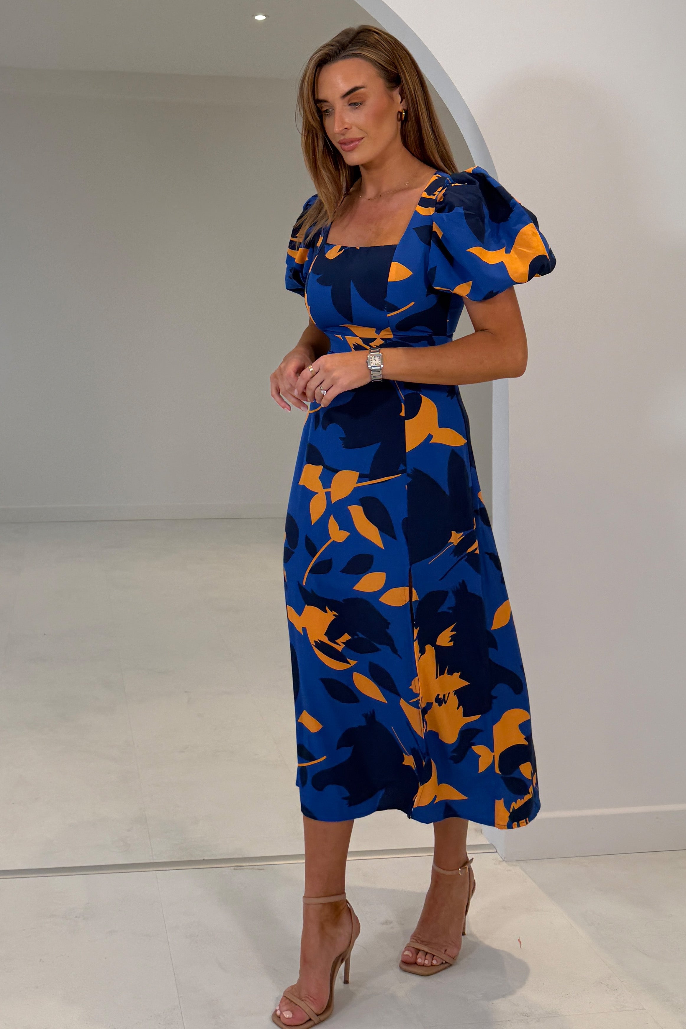 Shanice Cobalt & Orange Floral Square Neck Midi Dress