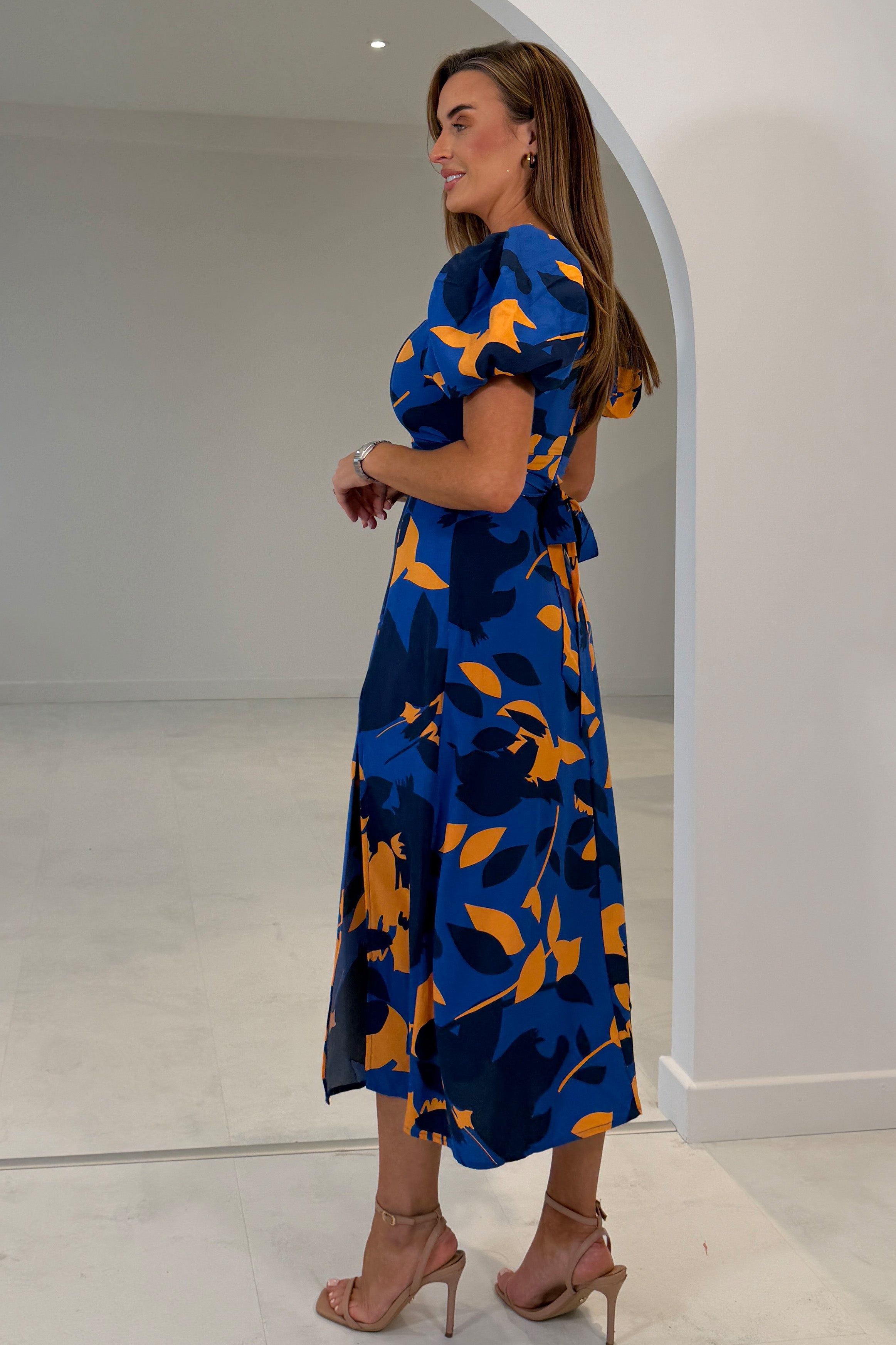Shanice Cobalt & Orange Floral Square Neck Midi Dress