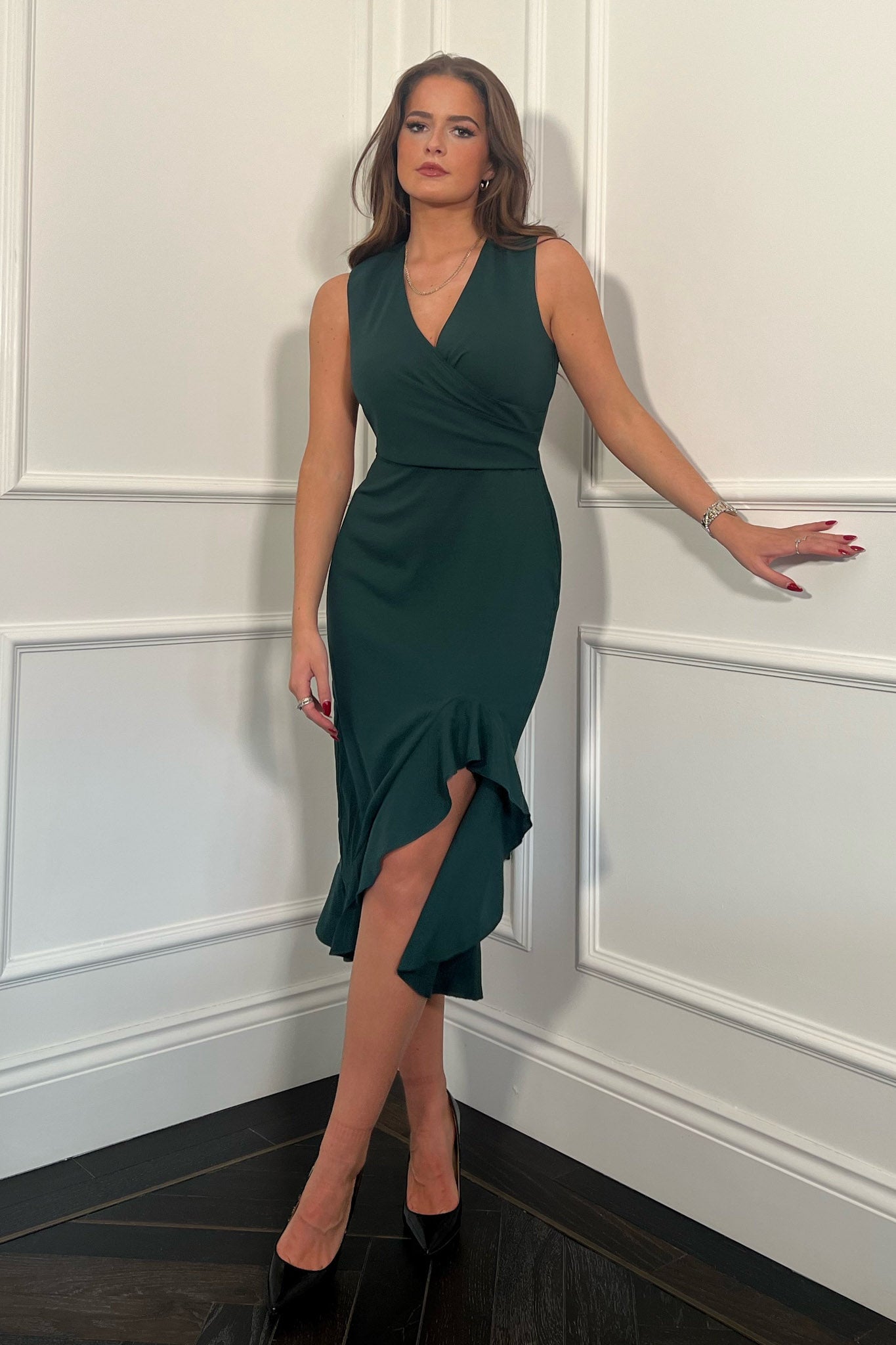 Hendrix Green Asymmetric Wrap Midi Dress