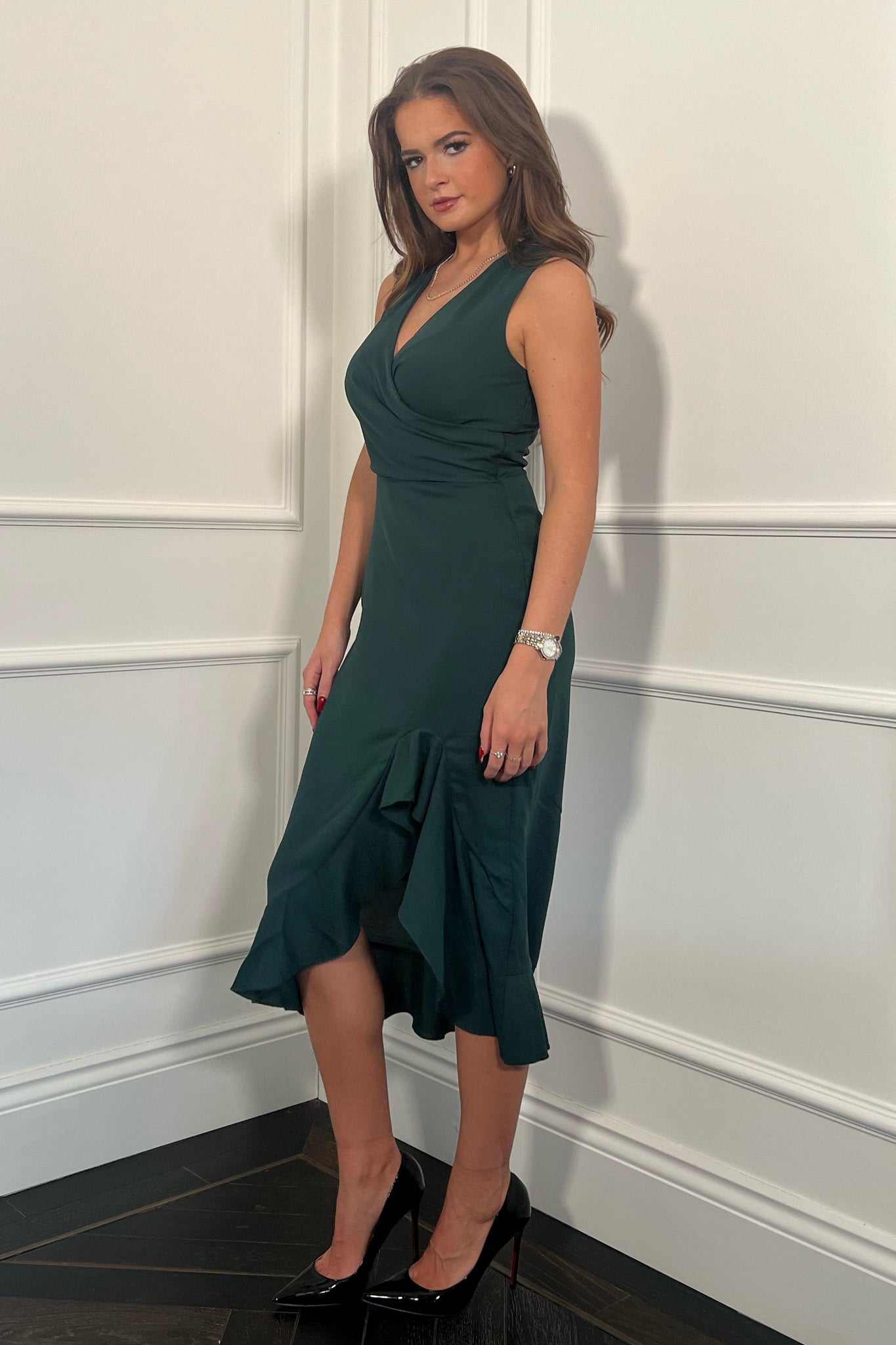 Hendrix Green Asymmetric Wrap Midi Dress