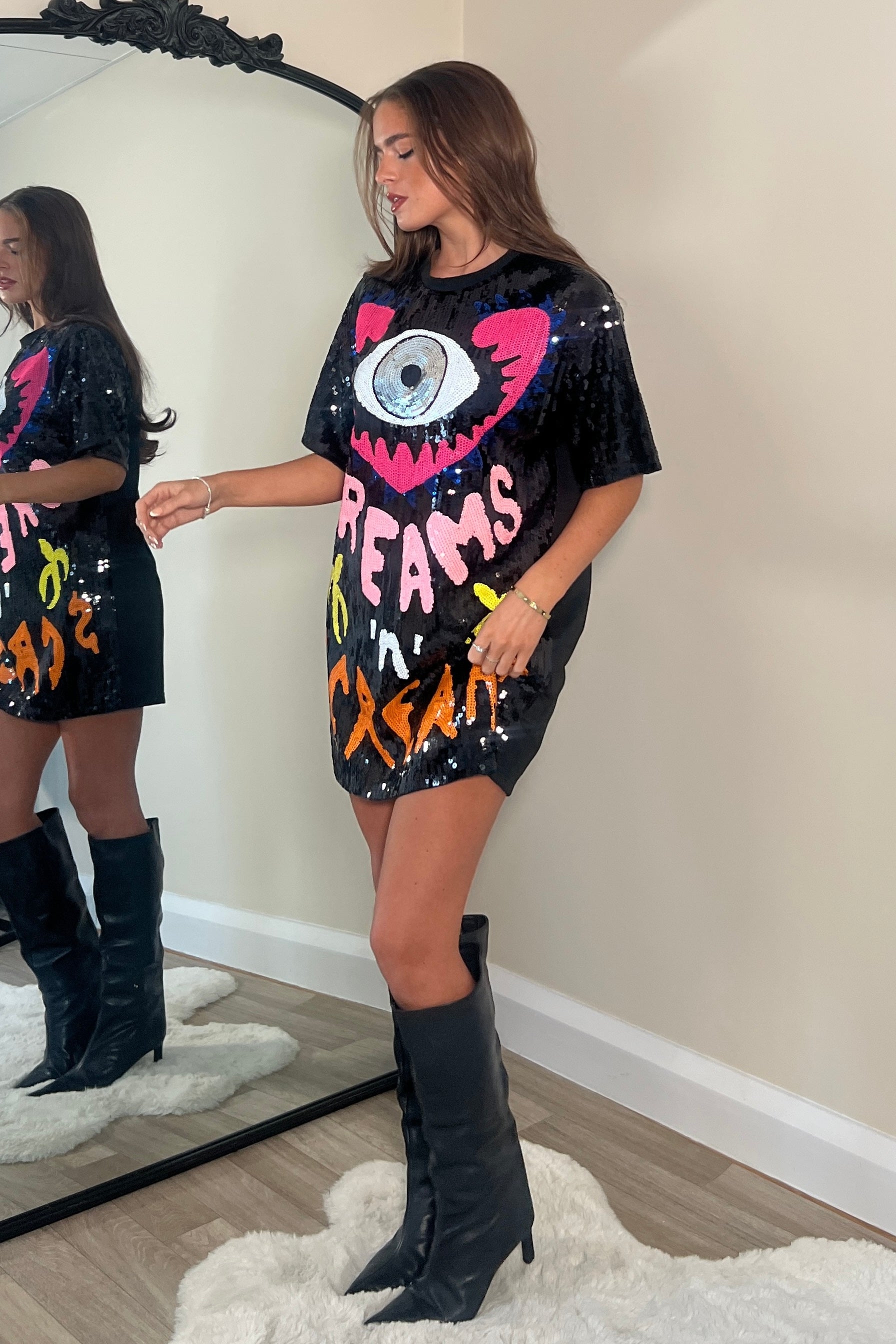 Wild Dreams - Black Multi Sequin Mini T-Shirt Dress