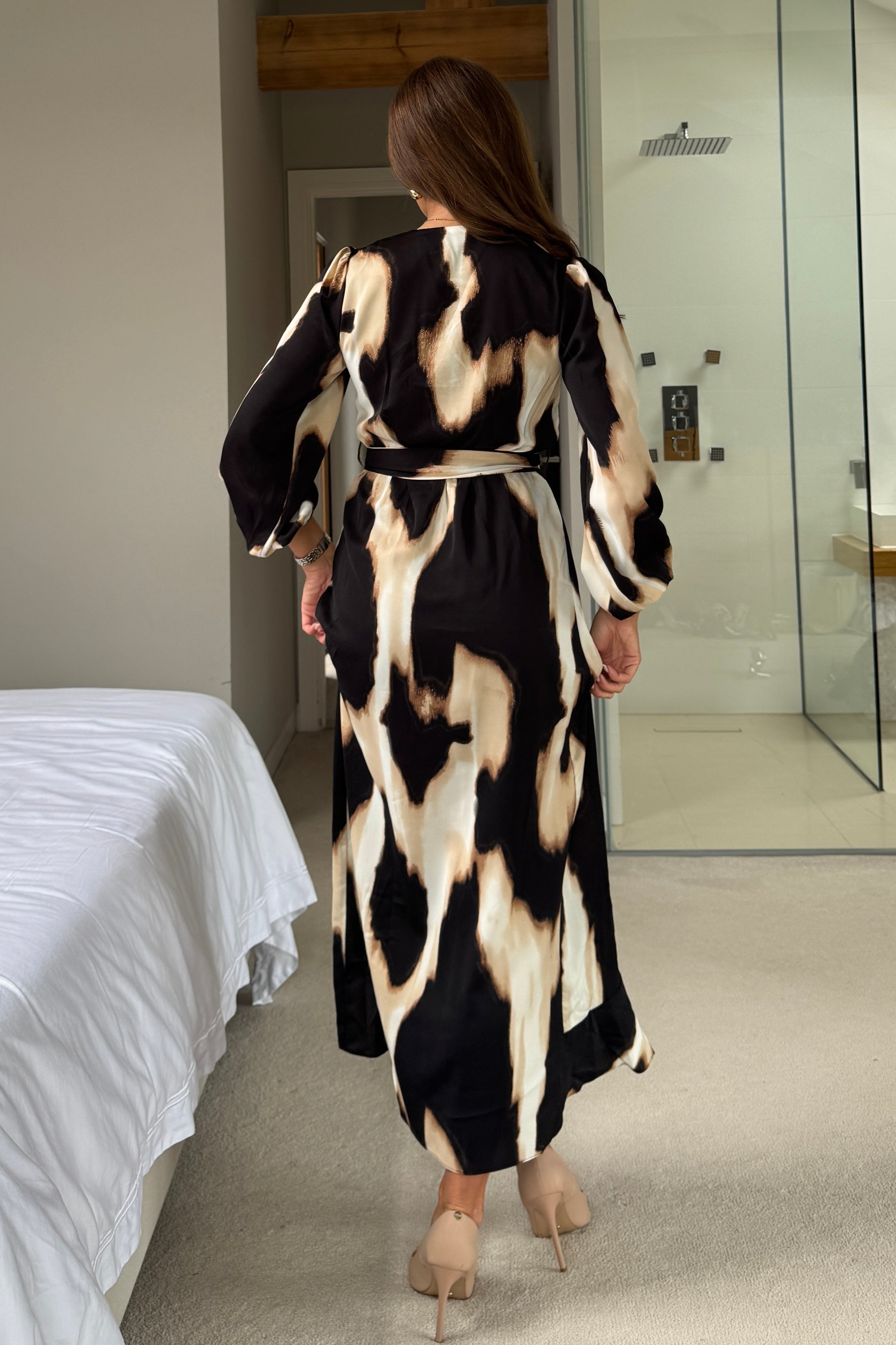 Erin Animal Long Sleeve Split Hem Frill Detail Maxi Dress