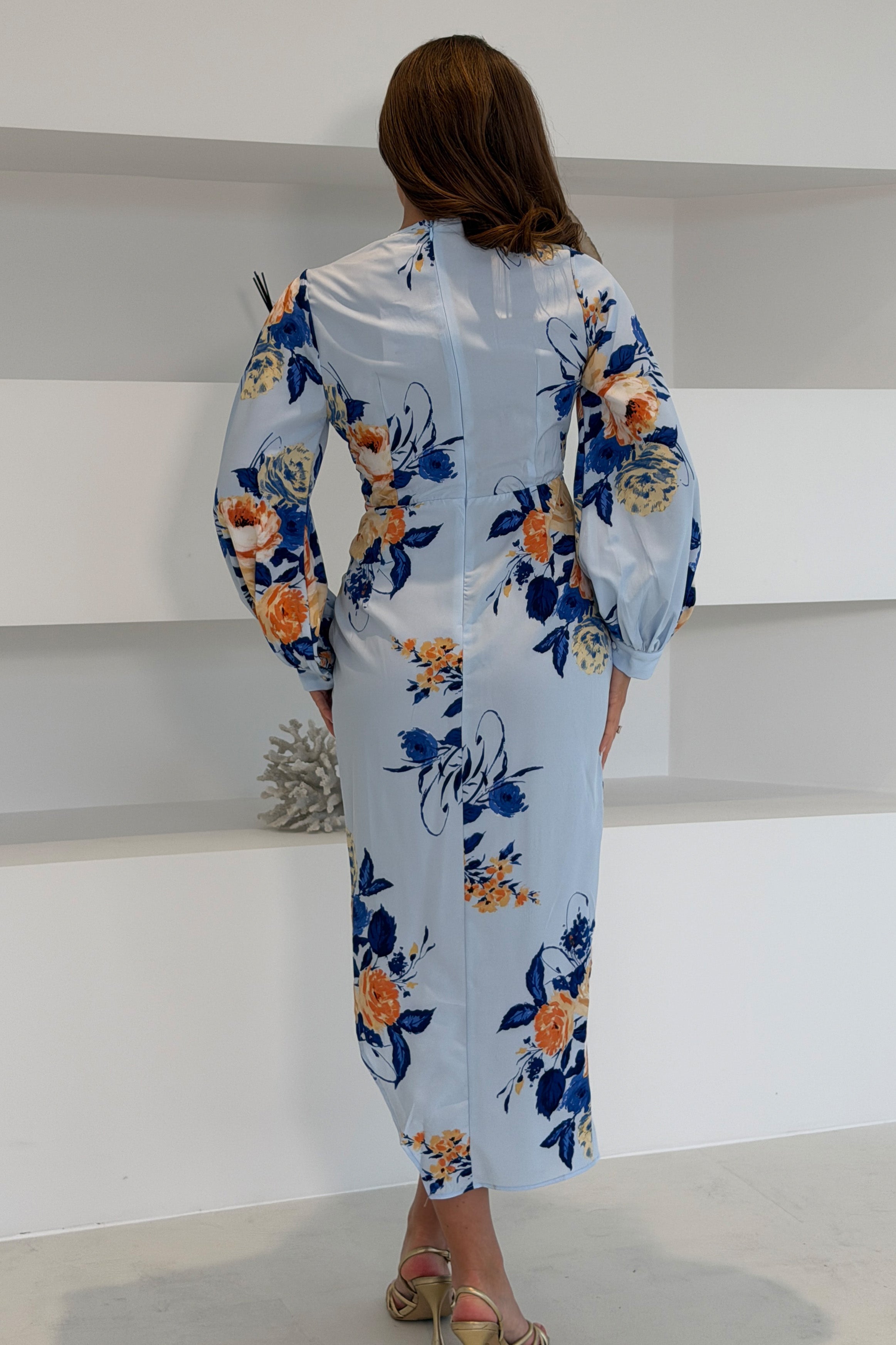 Elsa Sky Blue Floral Wrap Asymmetric Midi Dress