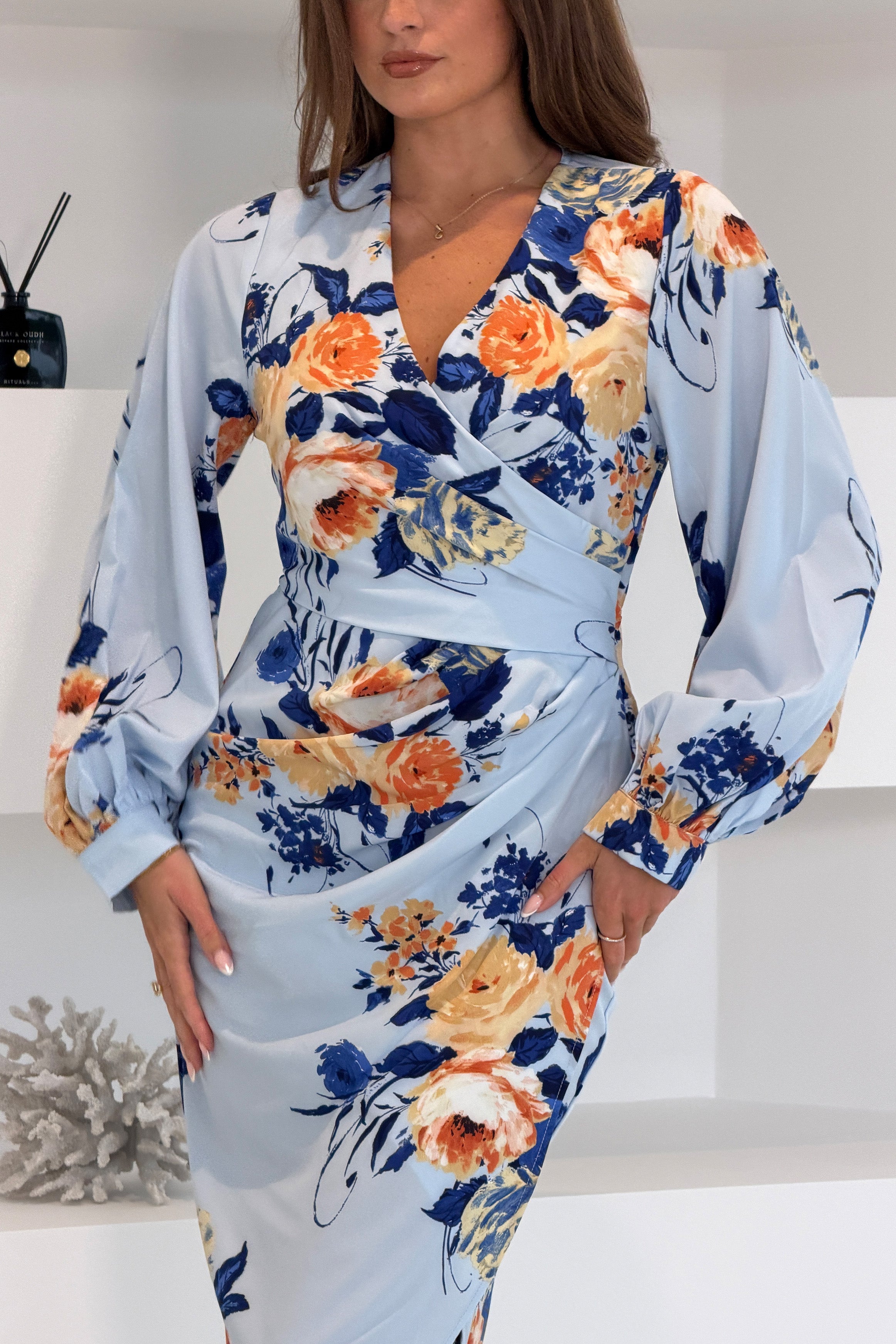 Elsa Sky Blue Floral Wrap Asymmetric Midi Dress