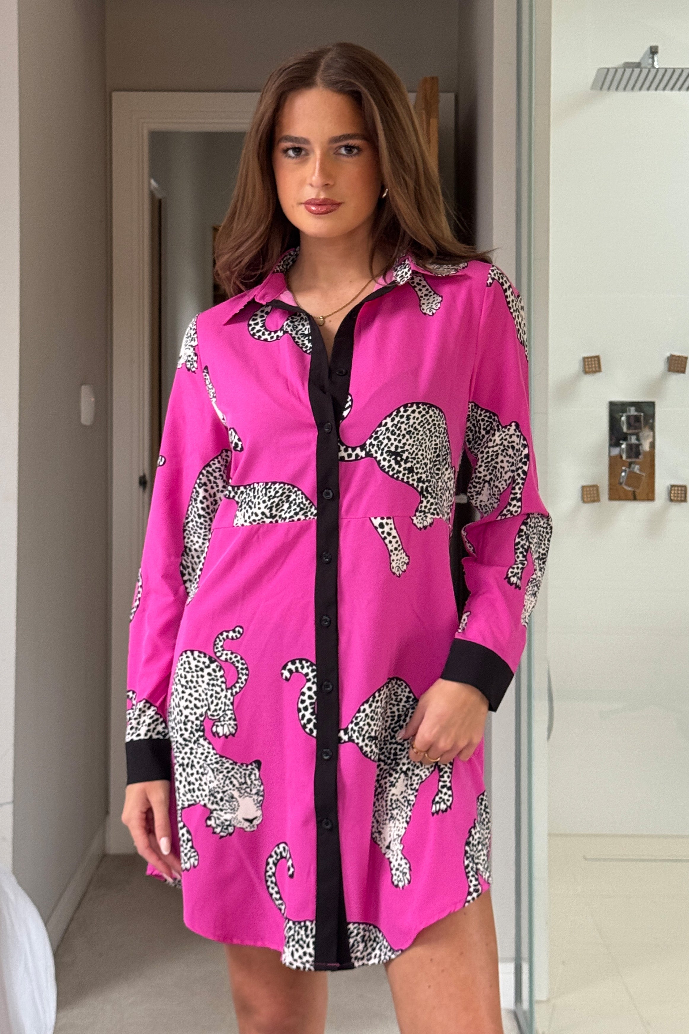Alana Pink Cheetah Print Mini Shirt Dress