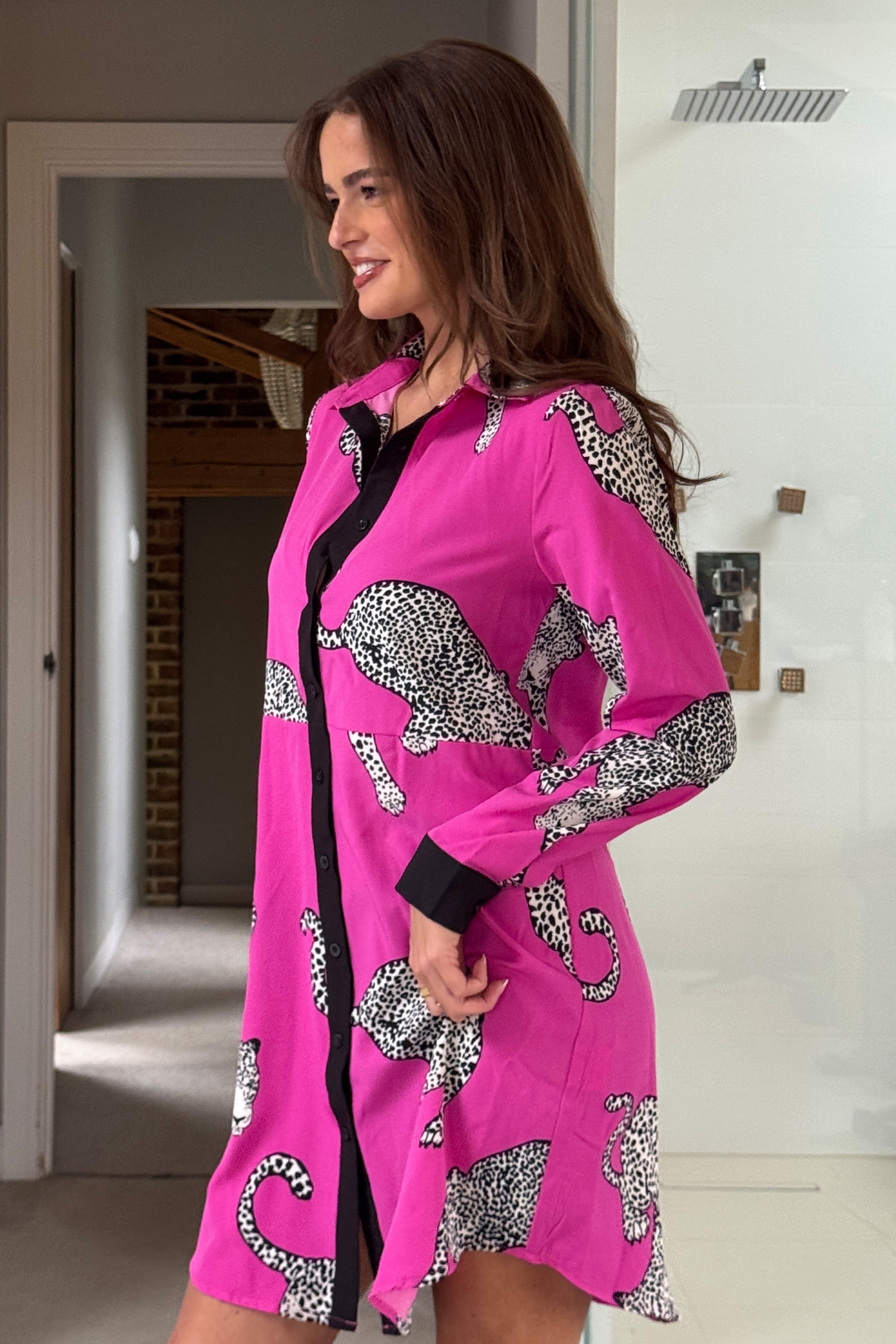 Alana Pink Cheetah Print Mini Shirt Dress