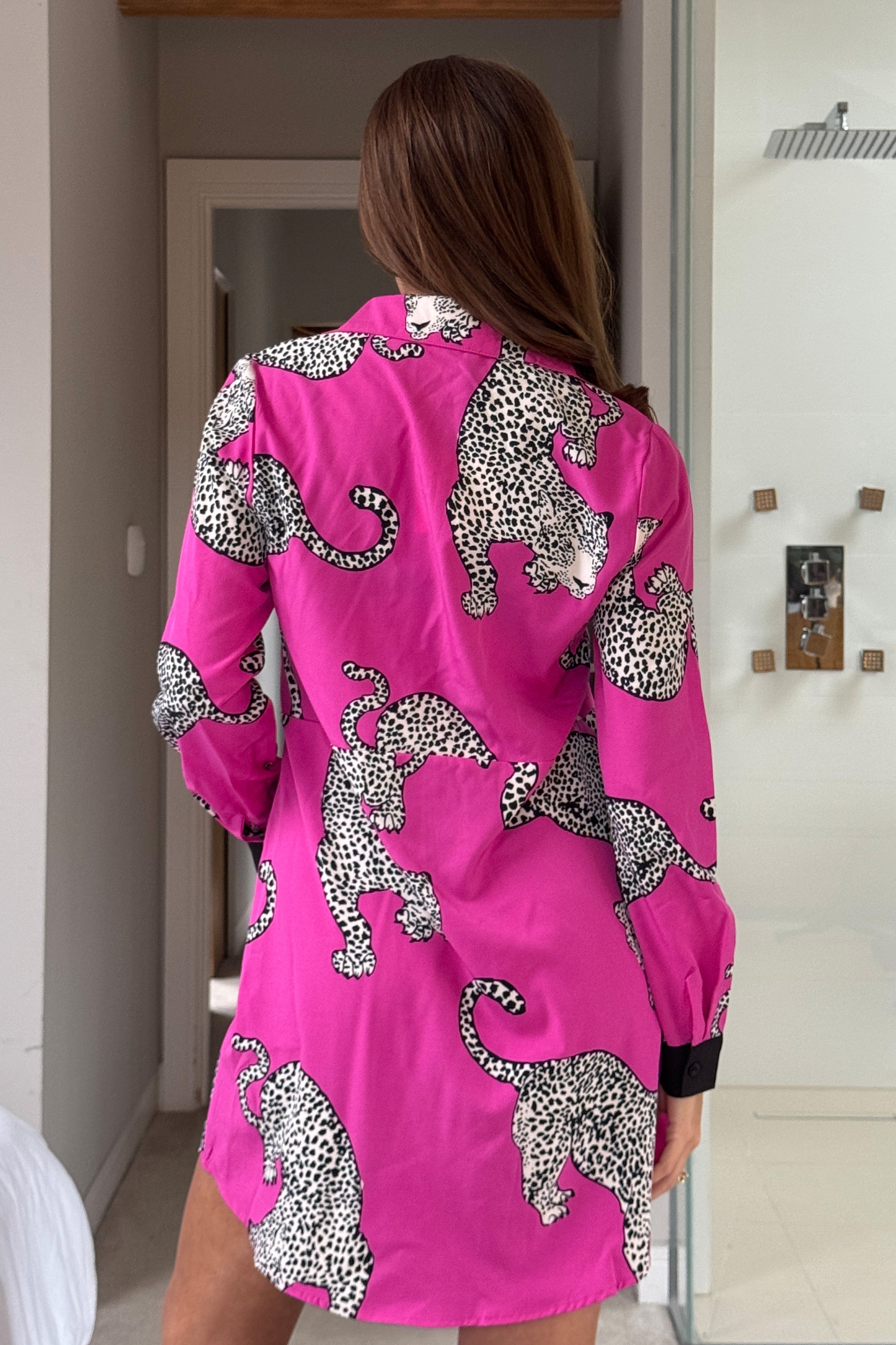 Alana Pink Cheetah Print Mini Shirt Dress
