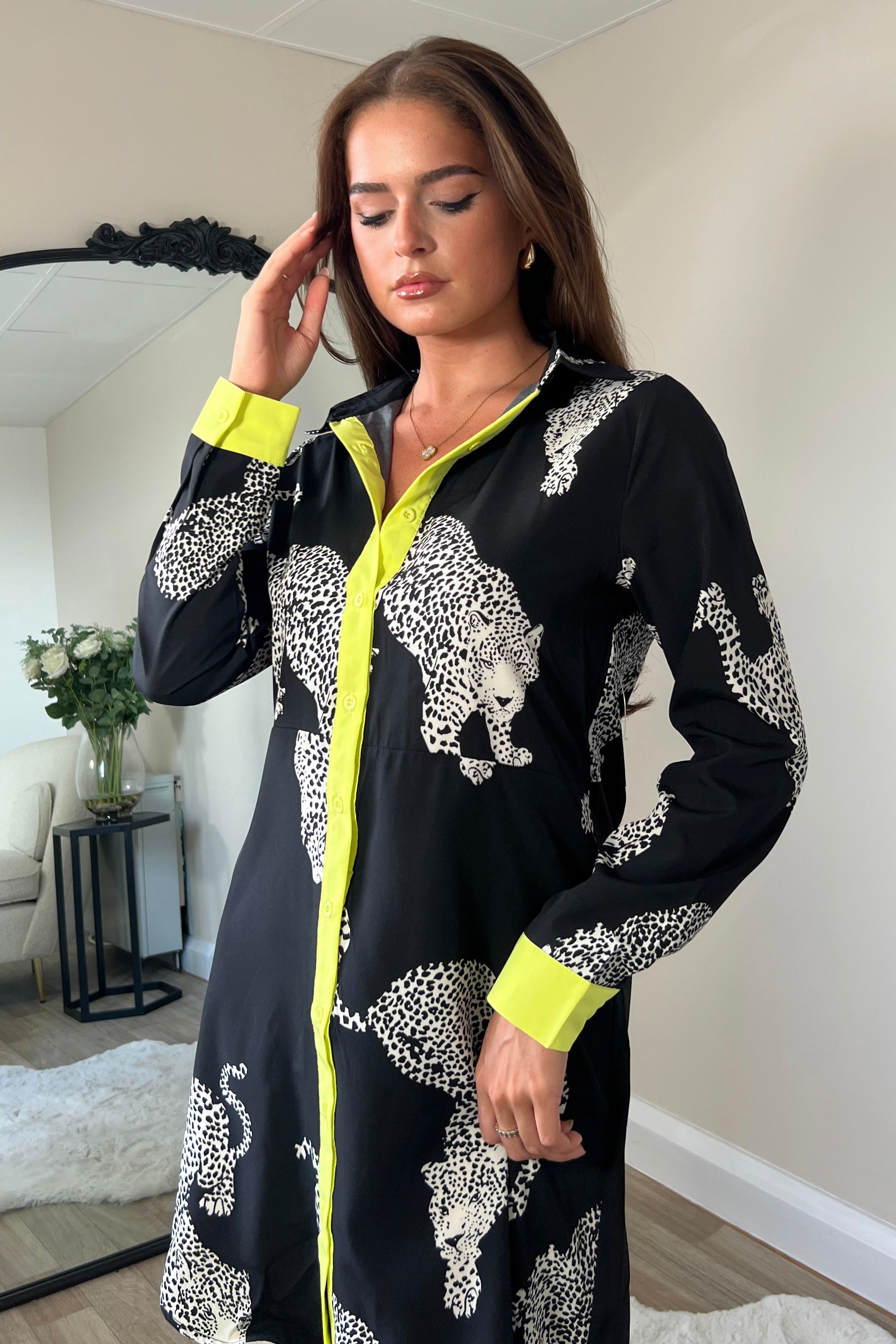 Alana Cheetah Print Mini Shirt Dress Black