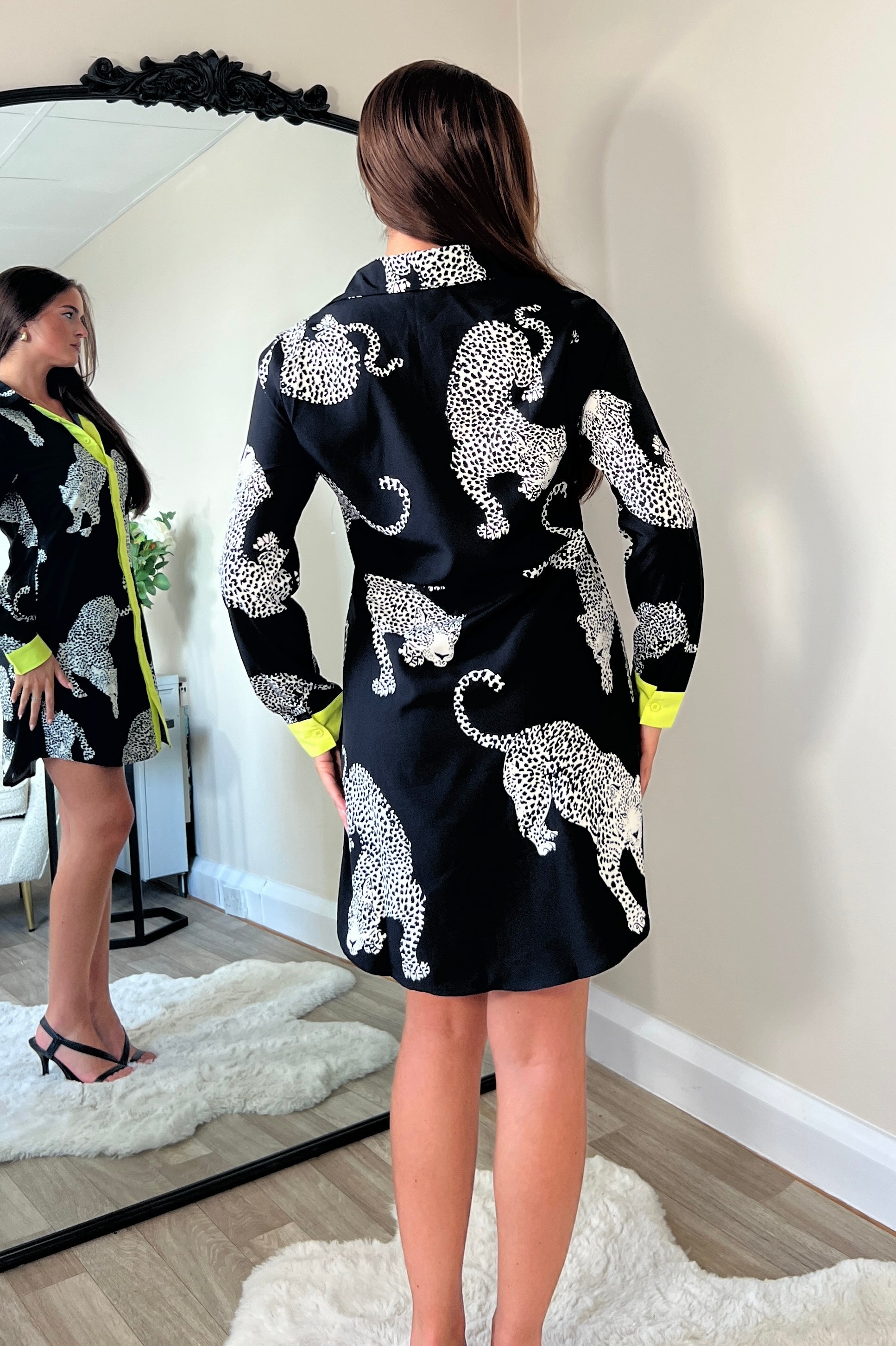 Alana Cheetah Print Mini Shirt Dress Black