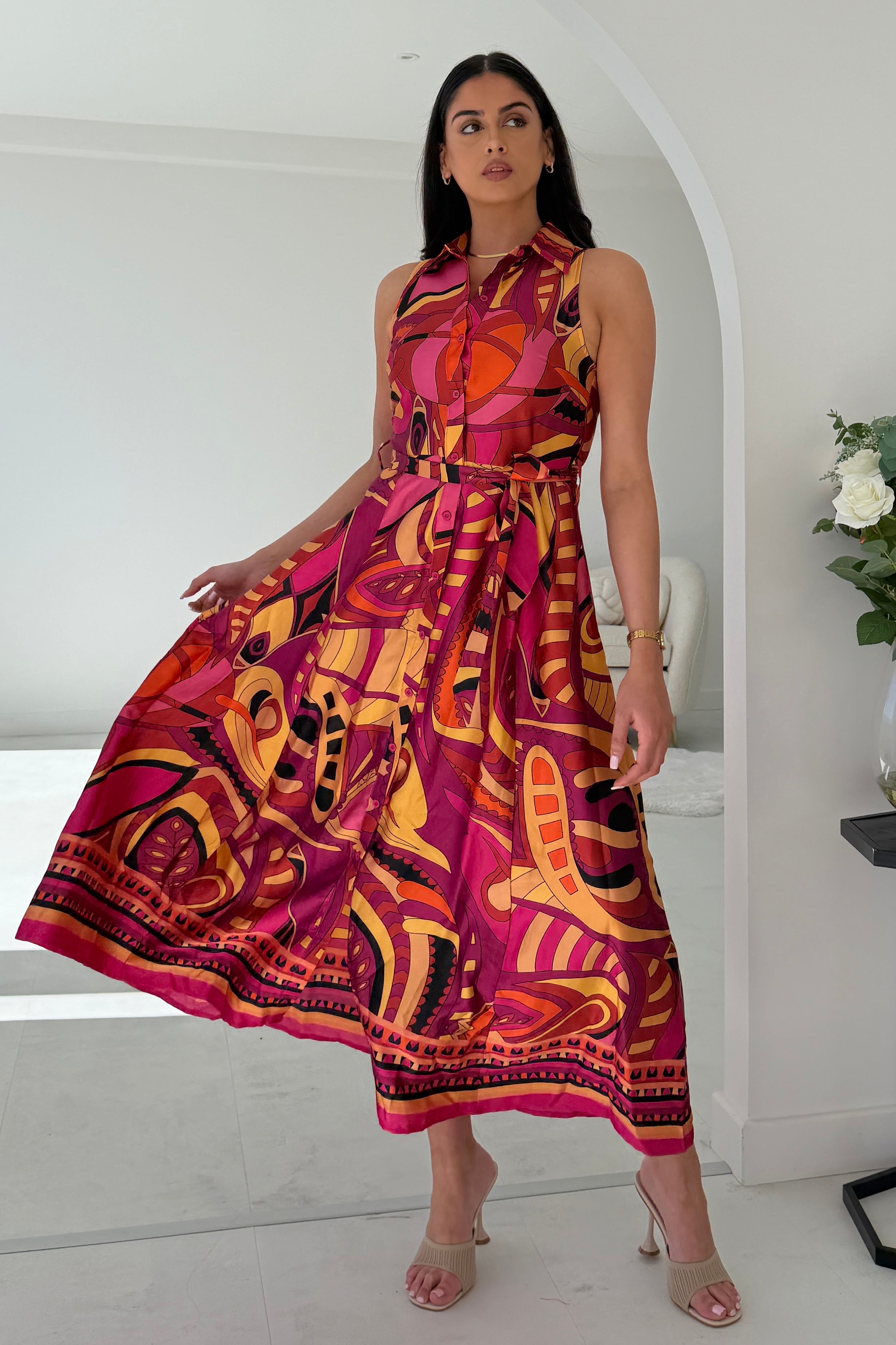 Rhia Sleeveless Boarder Print Shirt Maxi Dress
