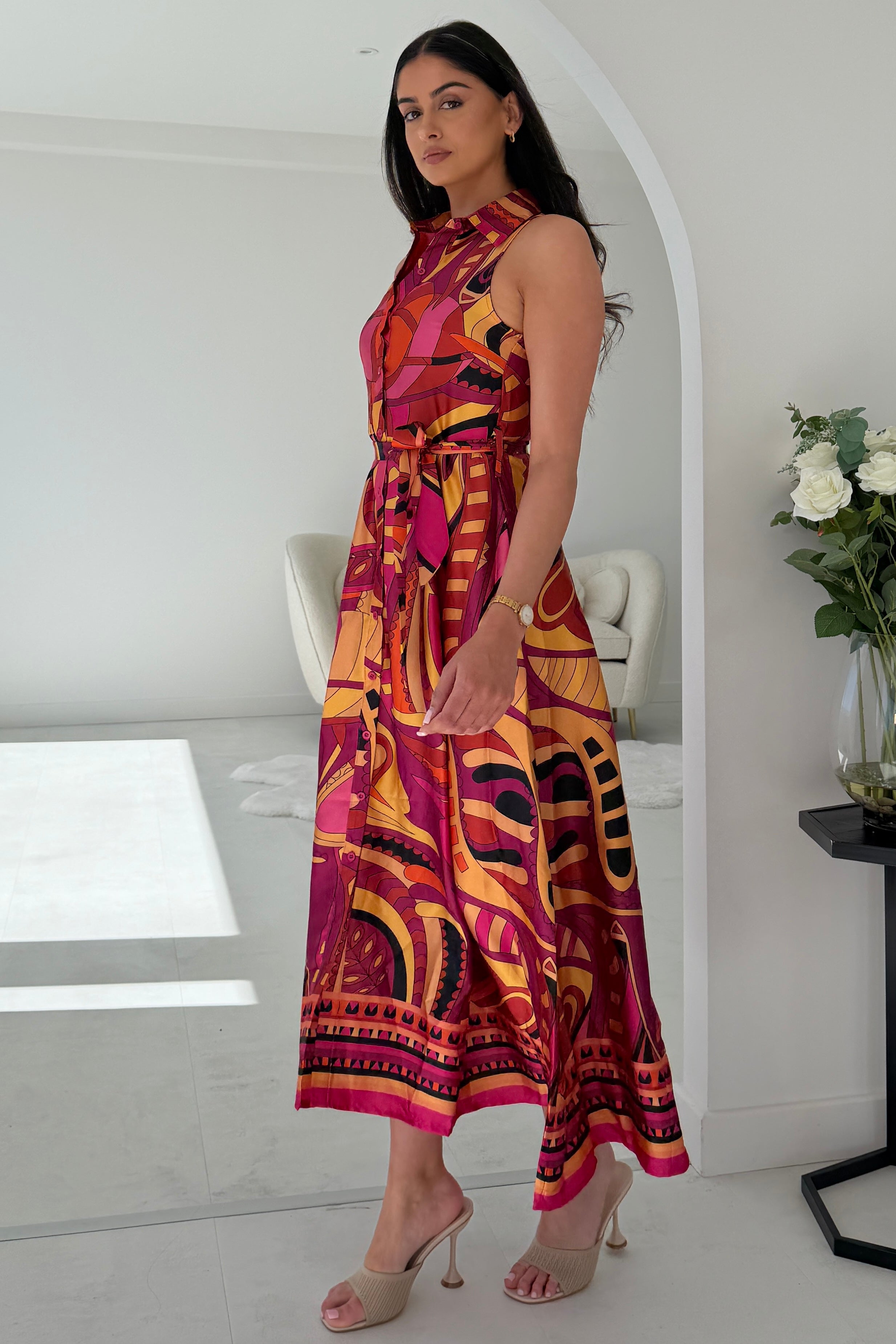 Rhia Sleeveless Boarder Print Shirt Maxi Dress