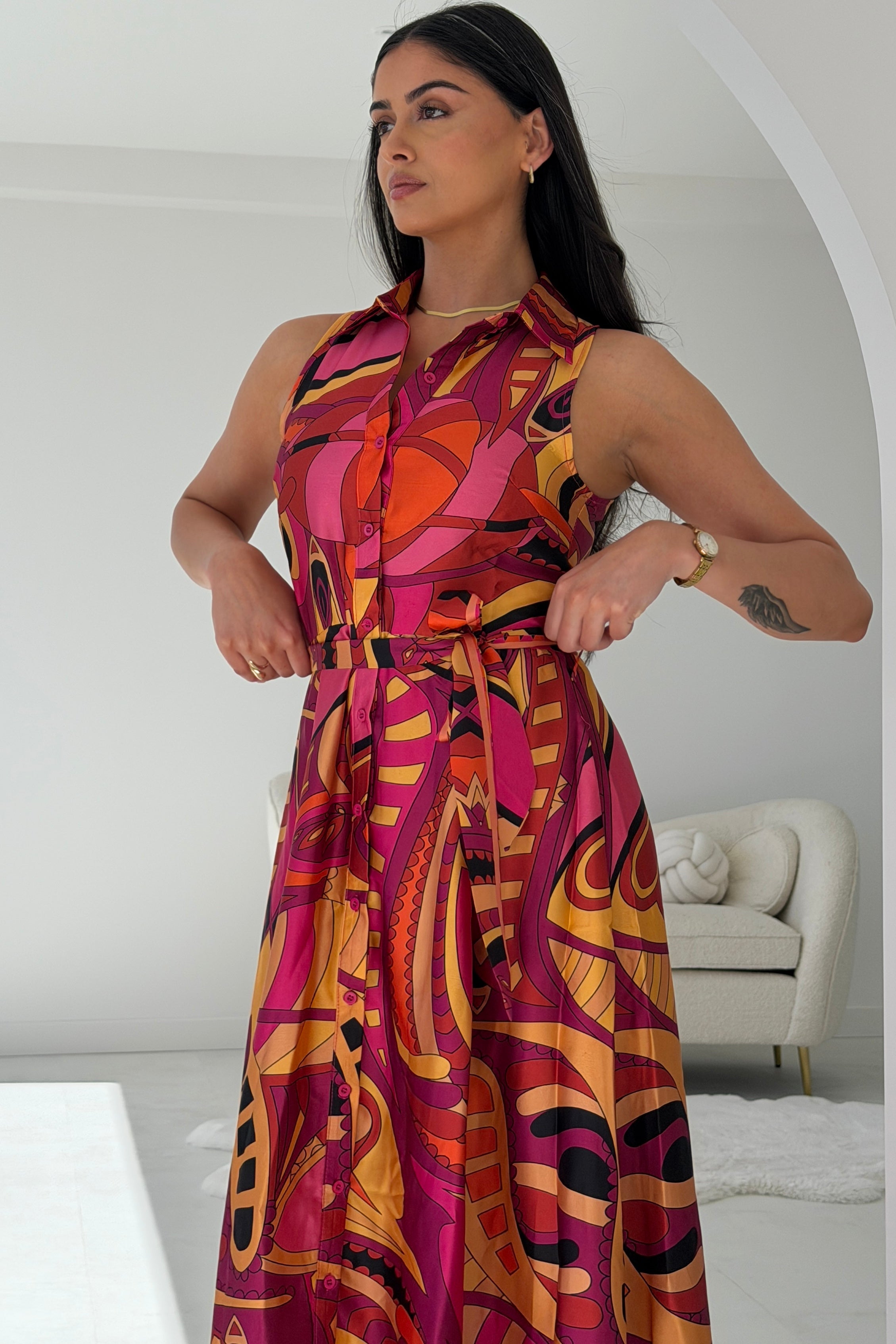 Rhia Sleeveless Boarder Print Shirt Maxi Dress