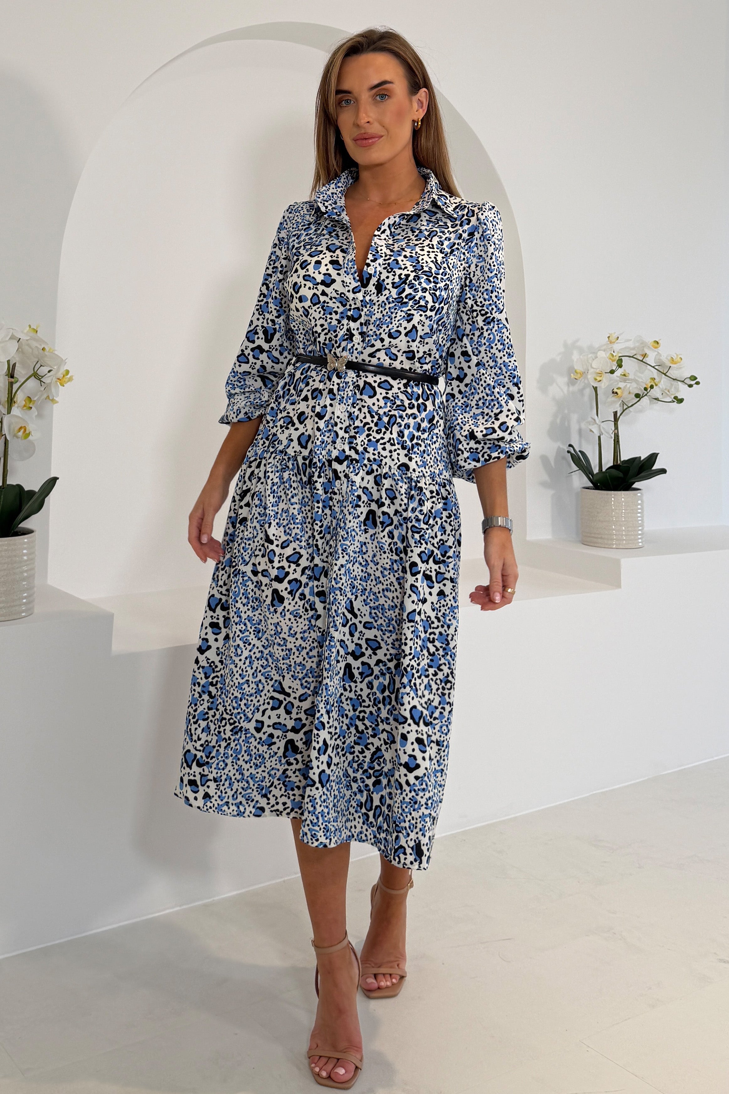 Carole Butterfly Belt Maxi Shirt Dress Blue Print