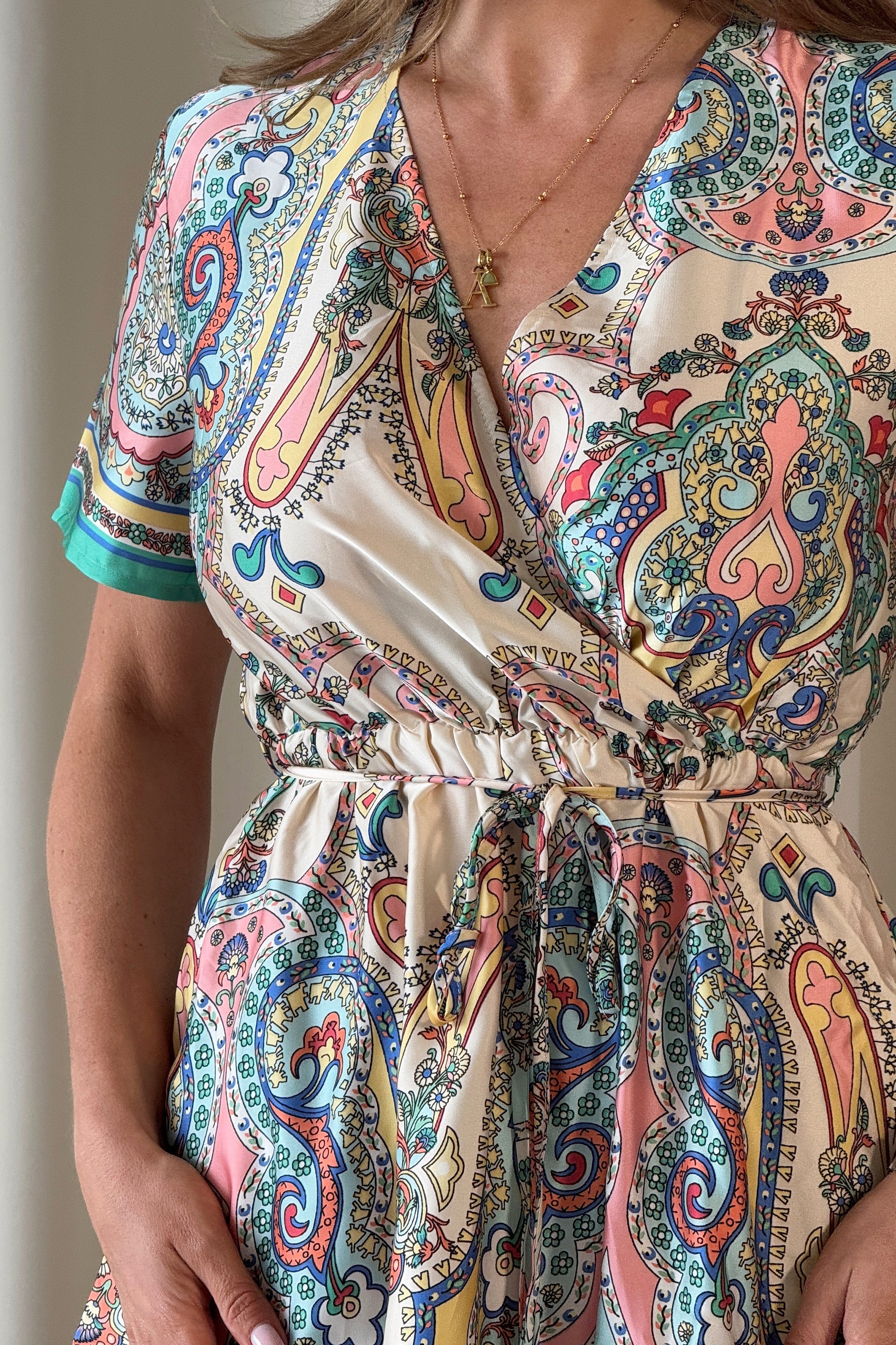 Jazlyn Blue Boarder Print Wrap Mini Dress