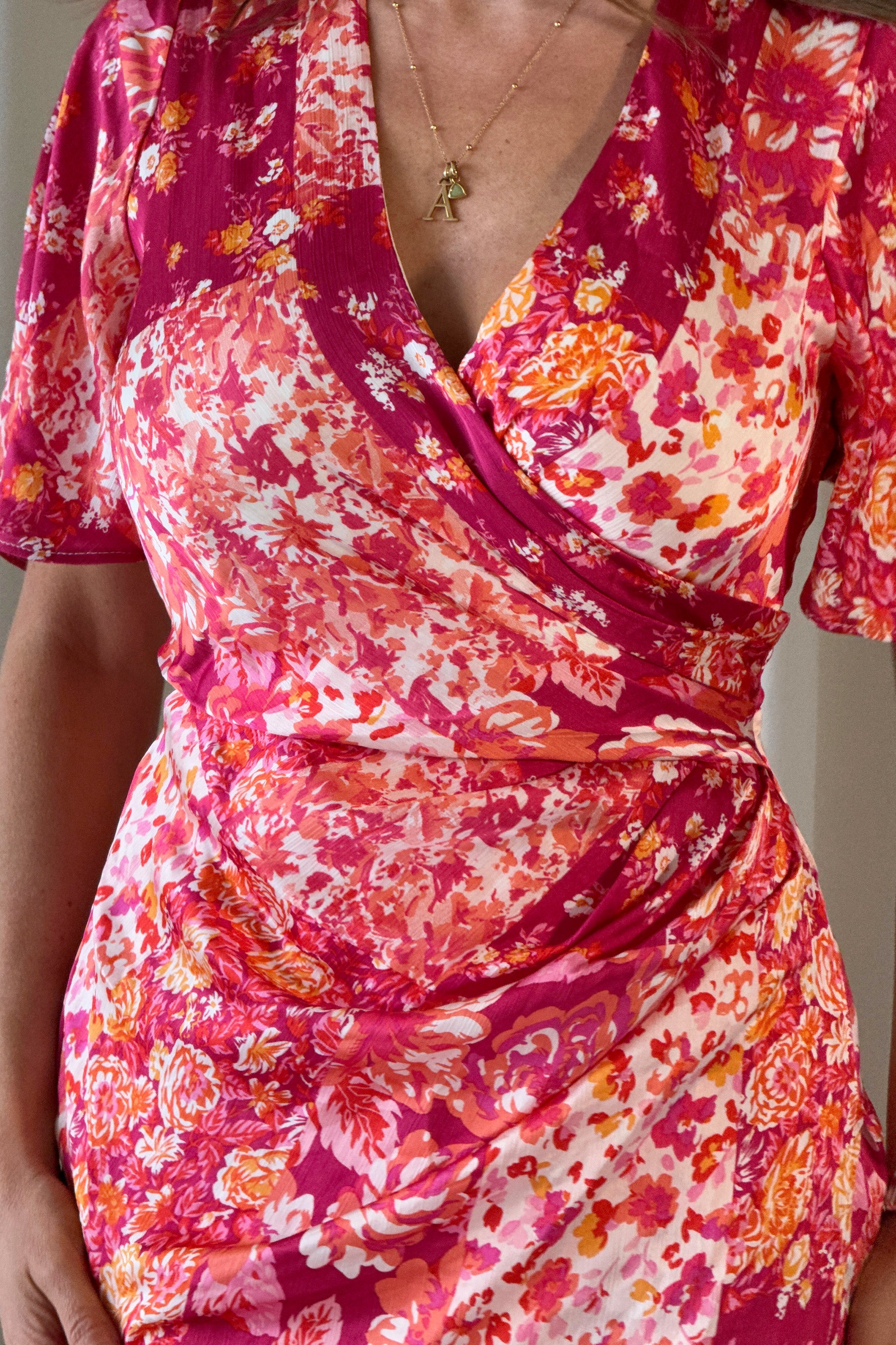 Natasha Blush Floral Angel Sleeve Wrap Midi Dress