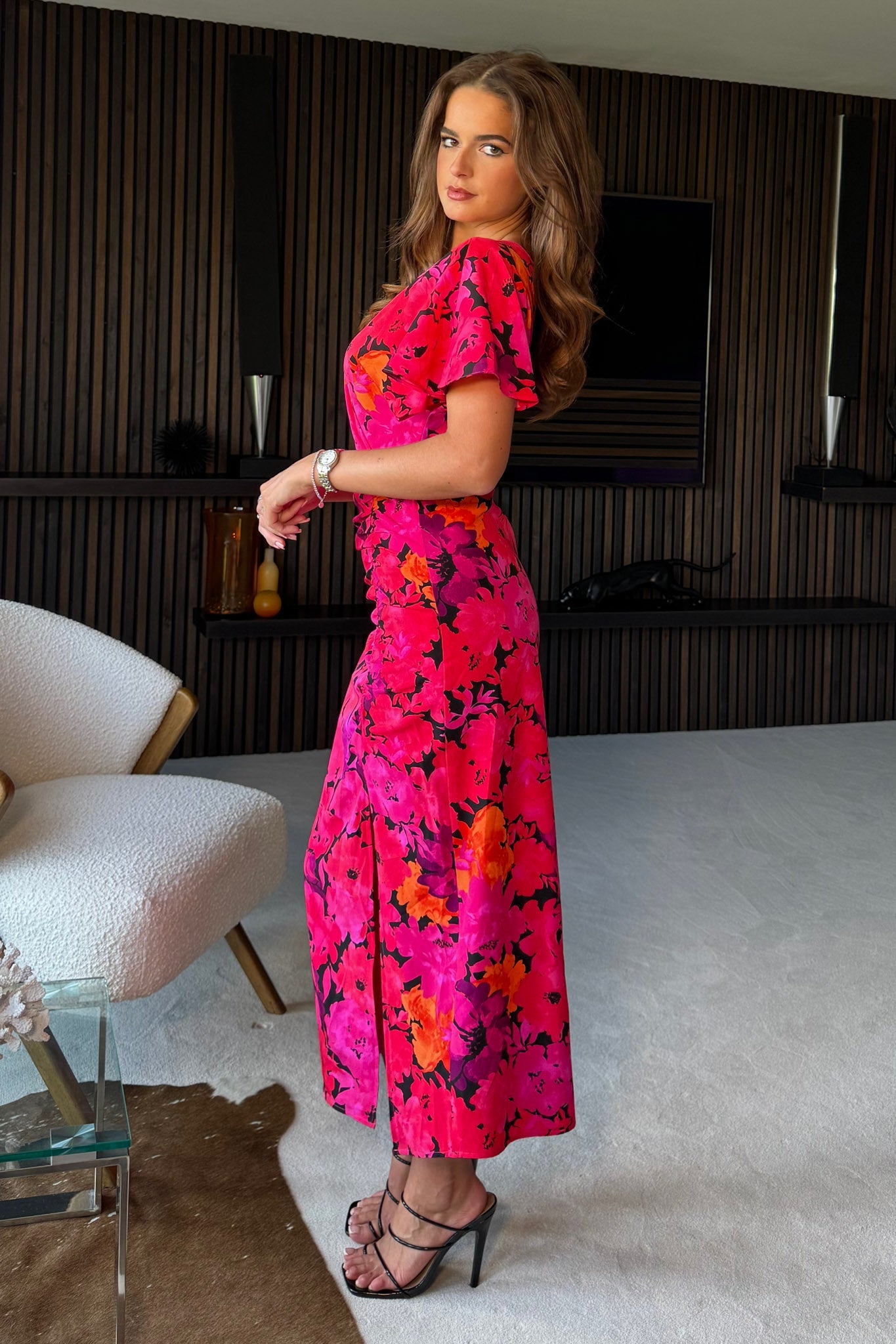 Priscilla Wrap Over Ruched Detail Midi Dress Pink Floral
