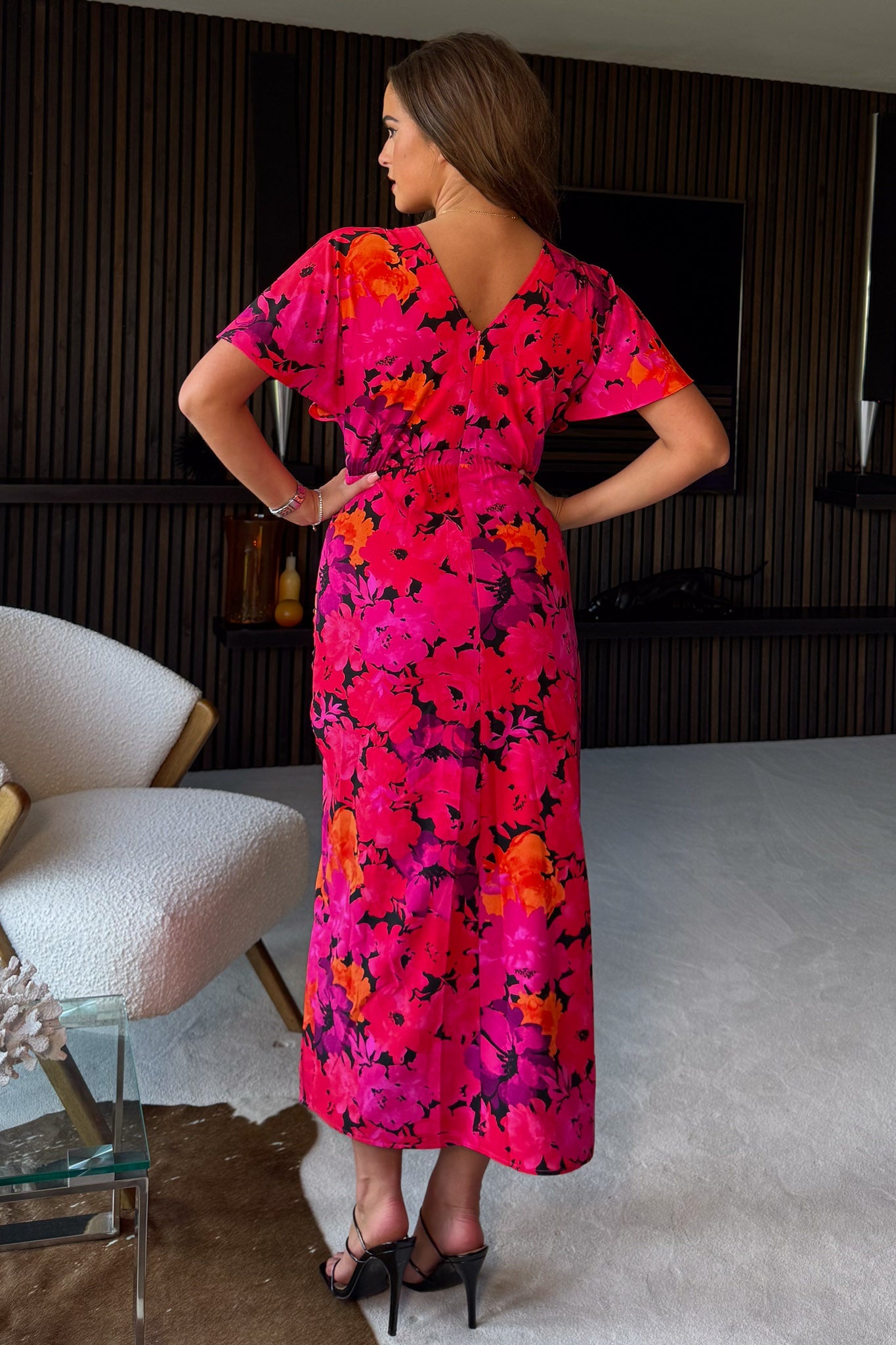 Priscilla Wrap Over Ruched Detail Midi Dress Pink Floral