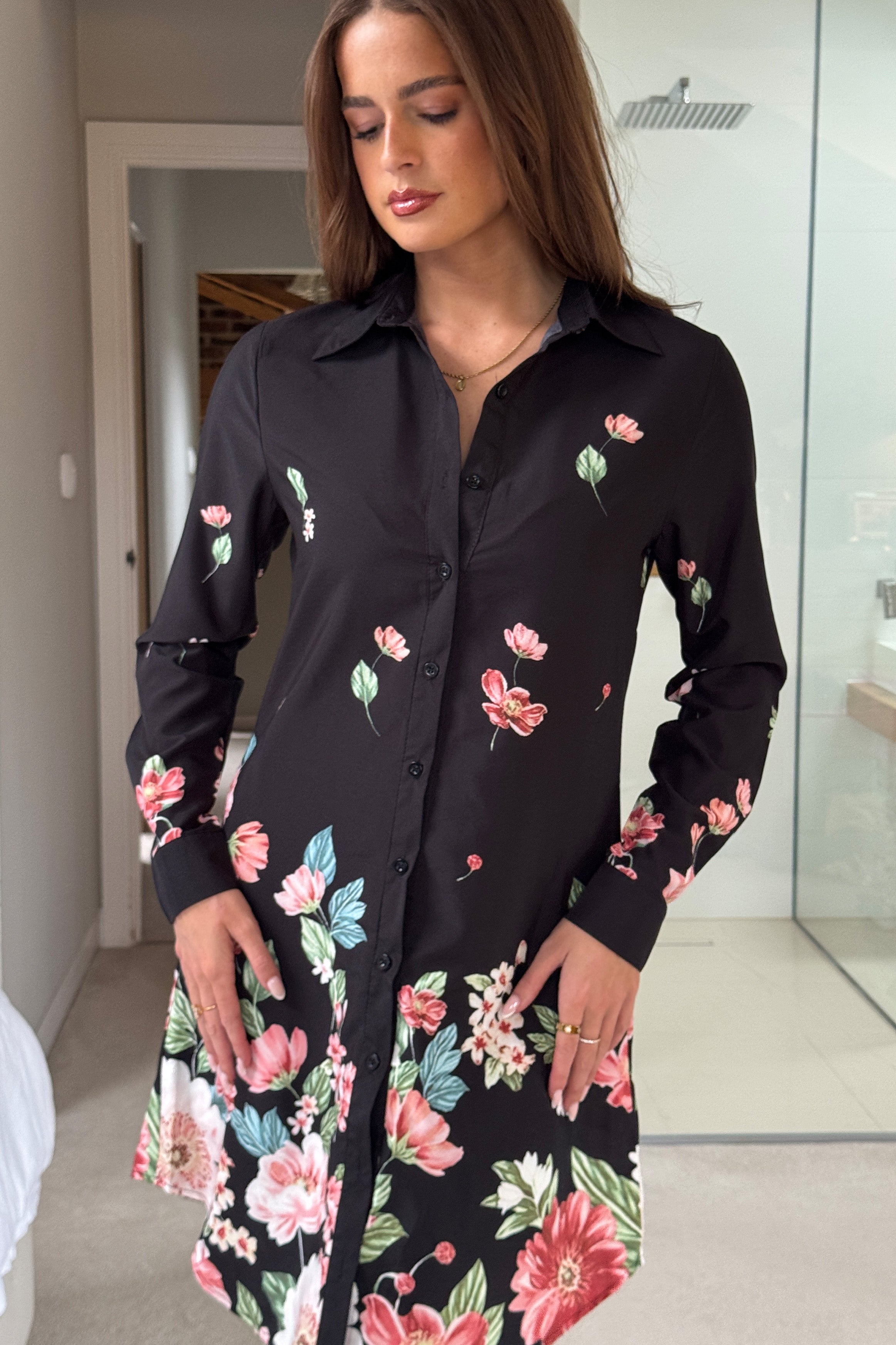 Alana Floral Boarder Print Shirt Dress Black