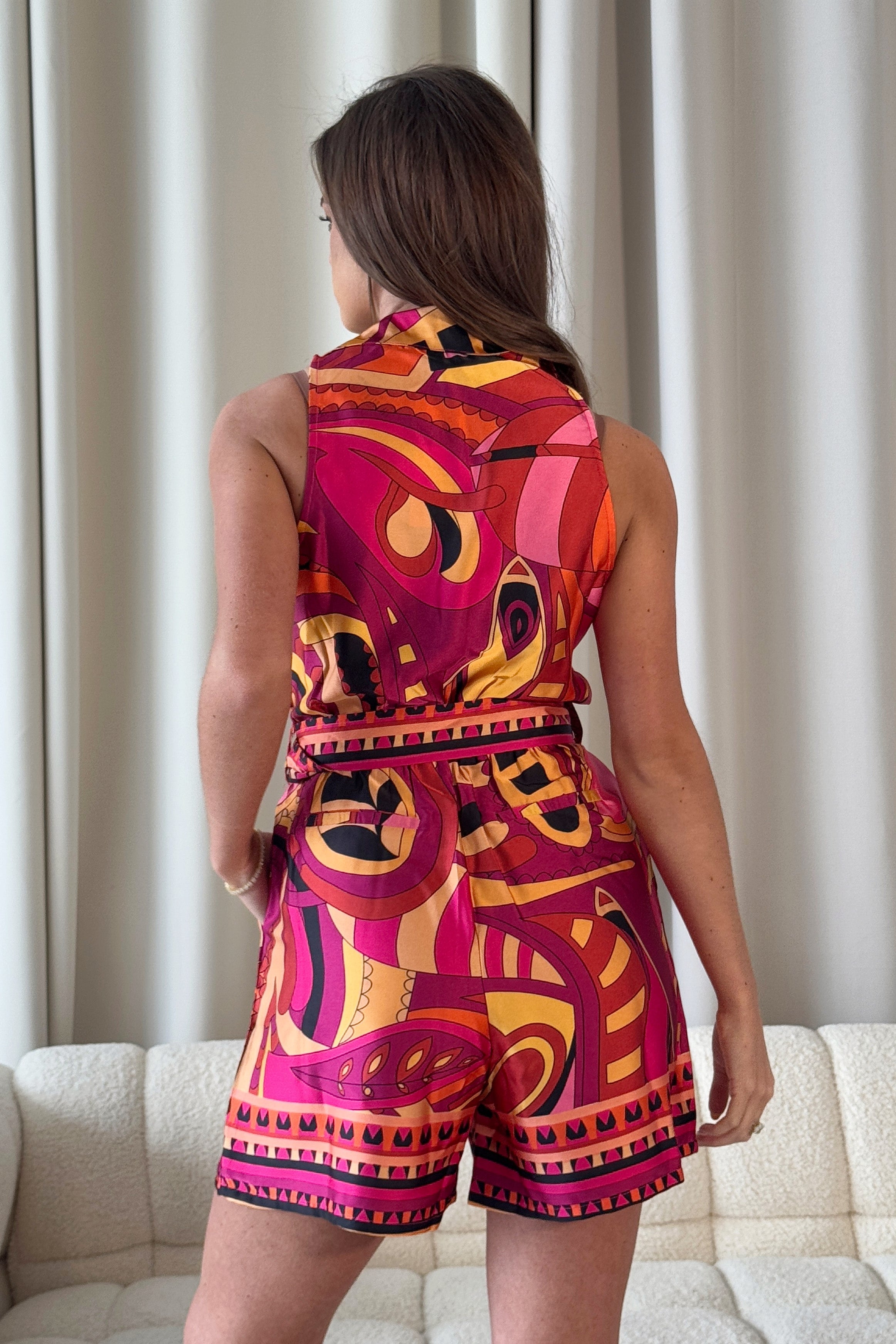 Ria Collar Playsuit Boarder Print