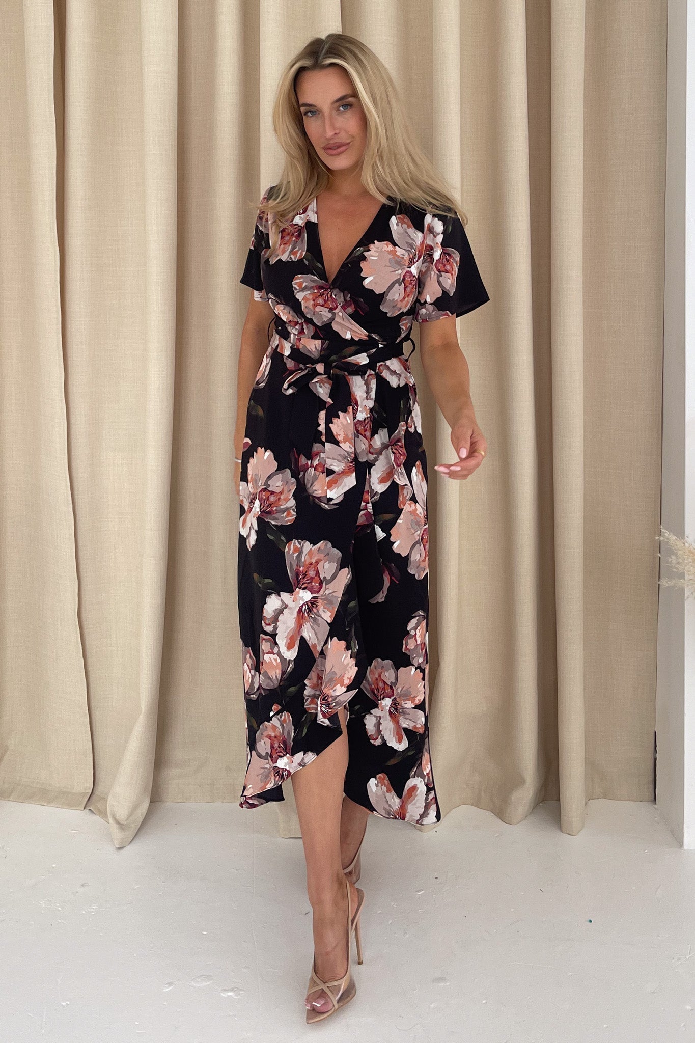 Farrah Split Hem Frill Detail Maxi Dress Black Floral