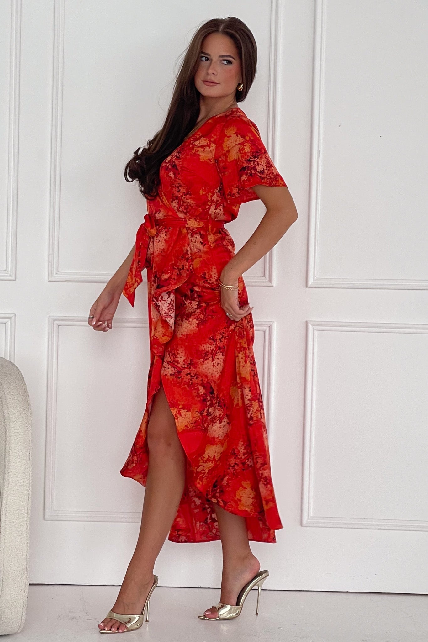 Farrah Split Hem Frill Detail Maxi Dress Orange