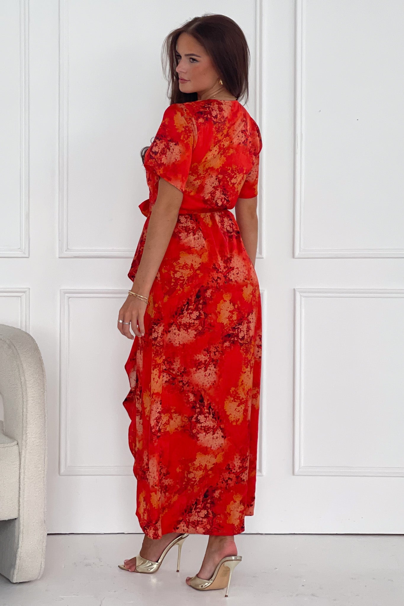 Farrah Split Hem Frill Detail Maxi Dress Orange