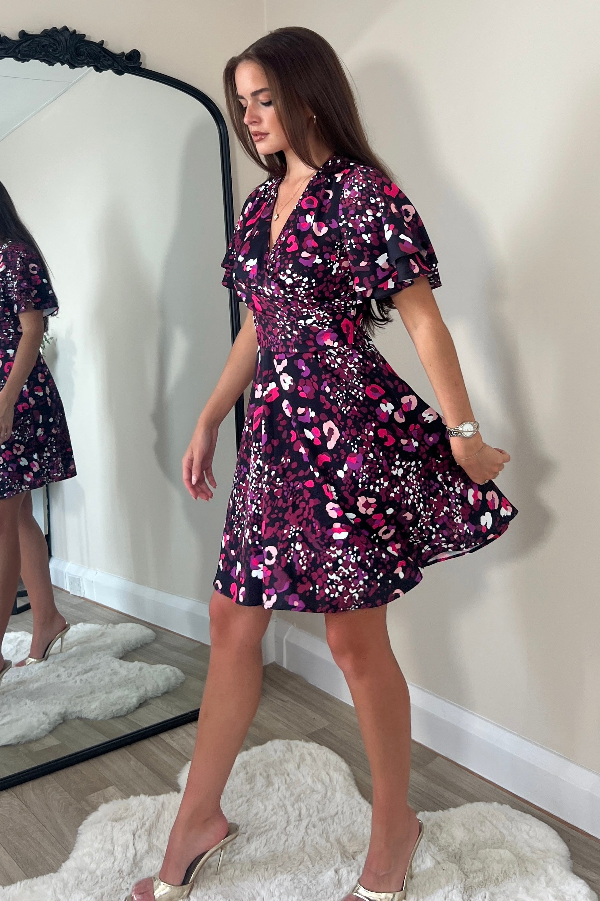 Gigi Angel Sleeve Wrap Front Mini Dress Purple Animal
