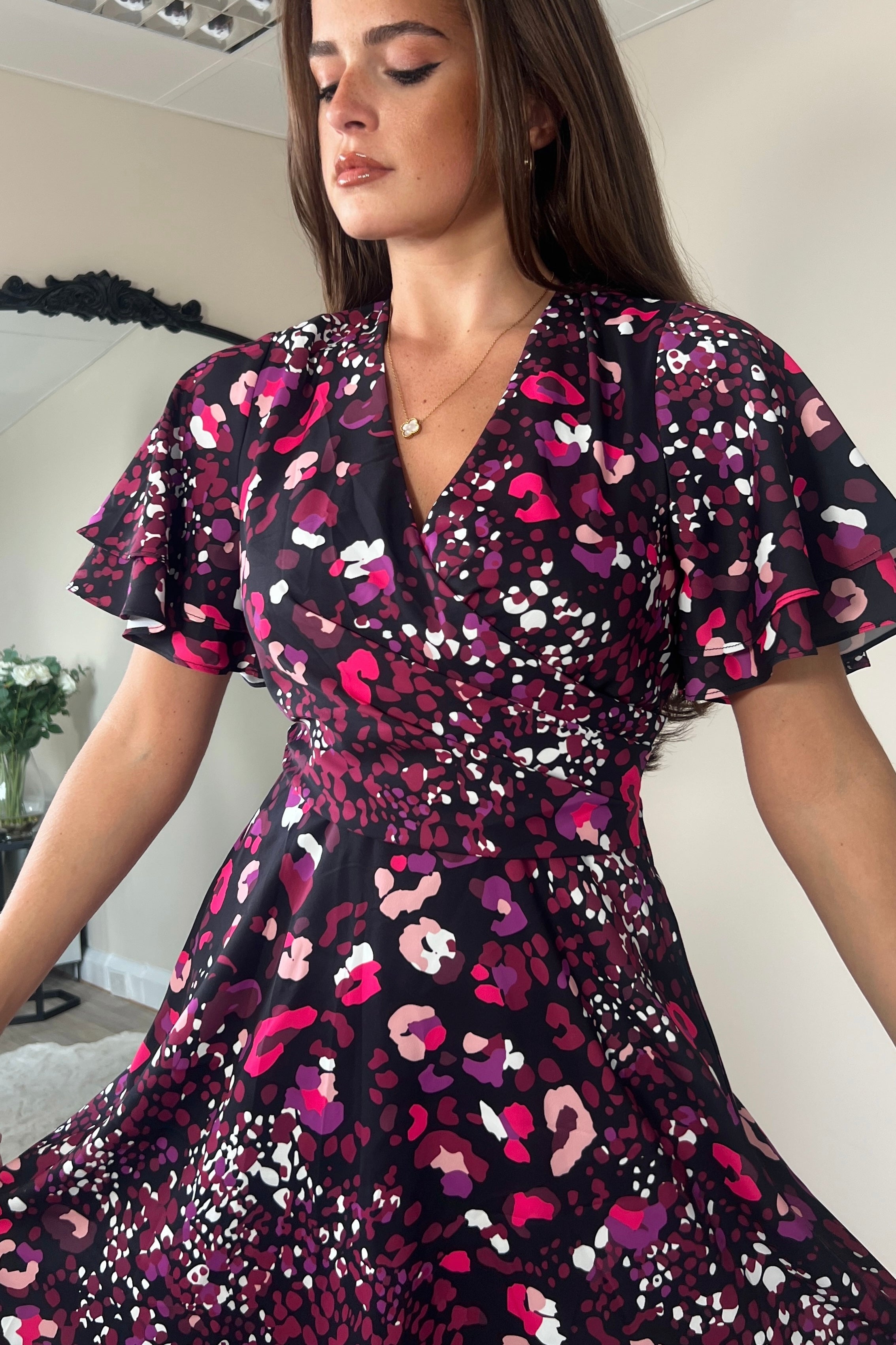 Gigi Angel Sleeve Wrap Front Mini Dress Purple Animal