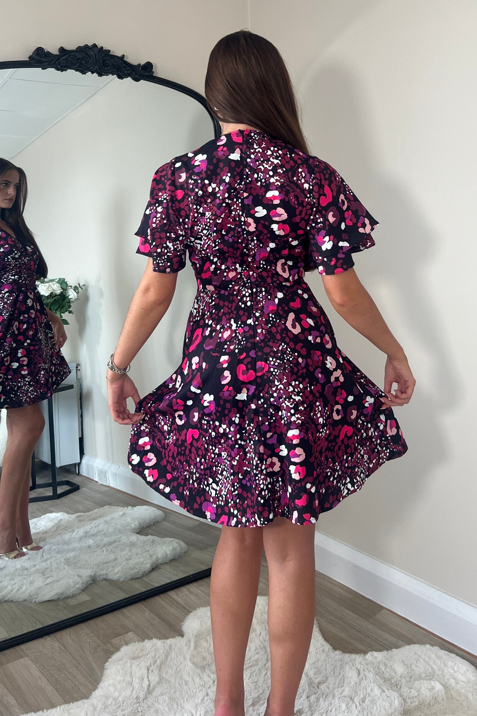 Gigi Angel Sleeve Wrap Front Mini Dress Purple Animal