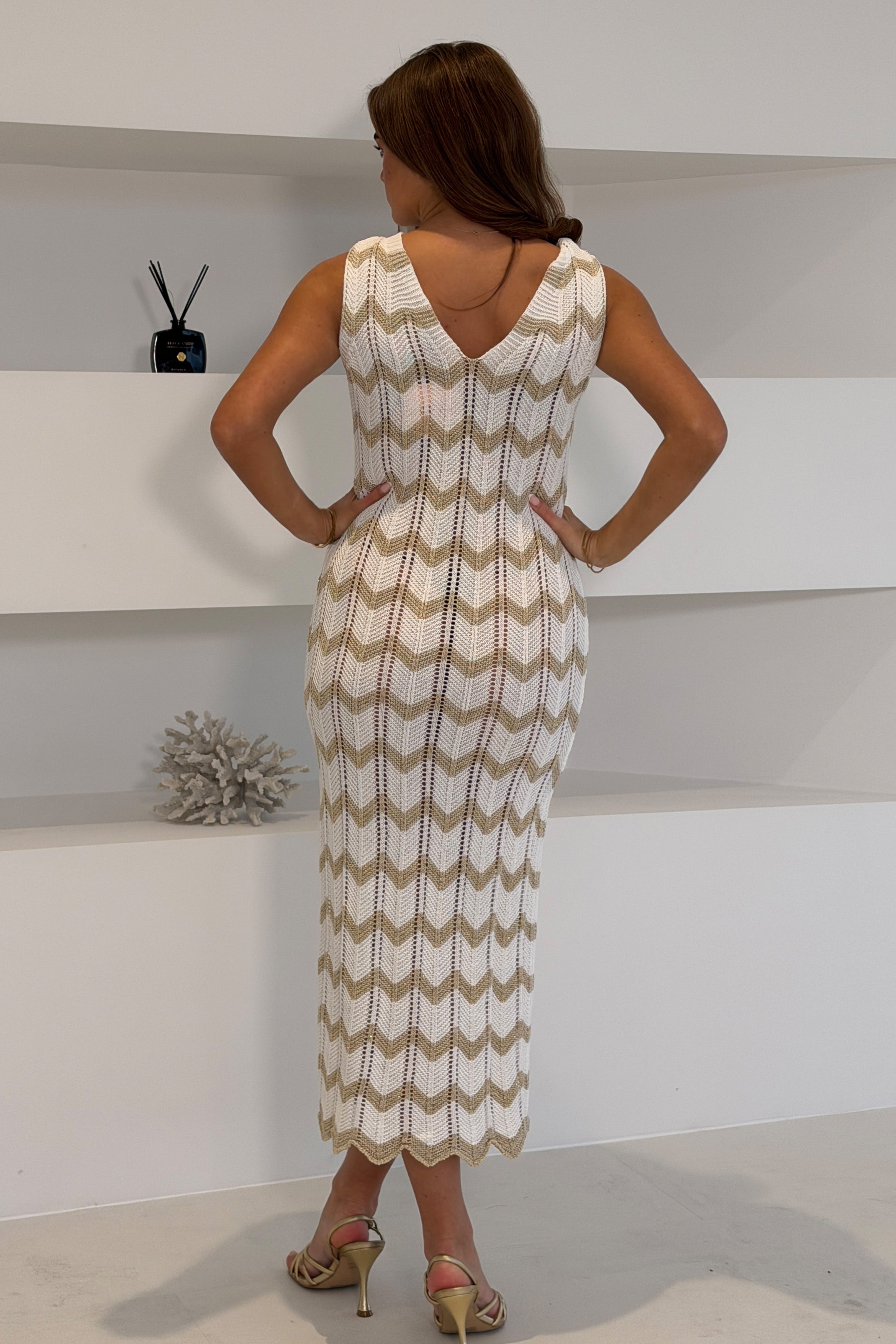 Perla Gold Crochet Chevron V Neck Maxi Dress