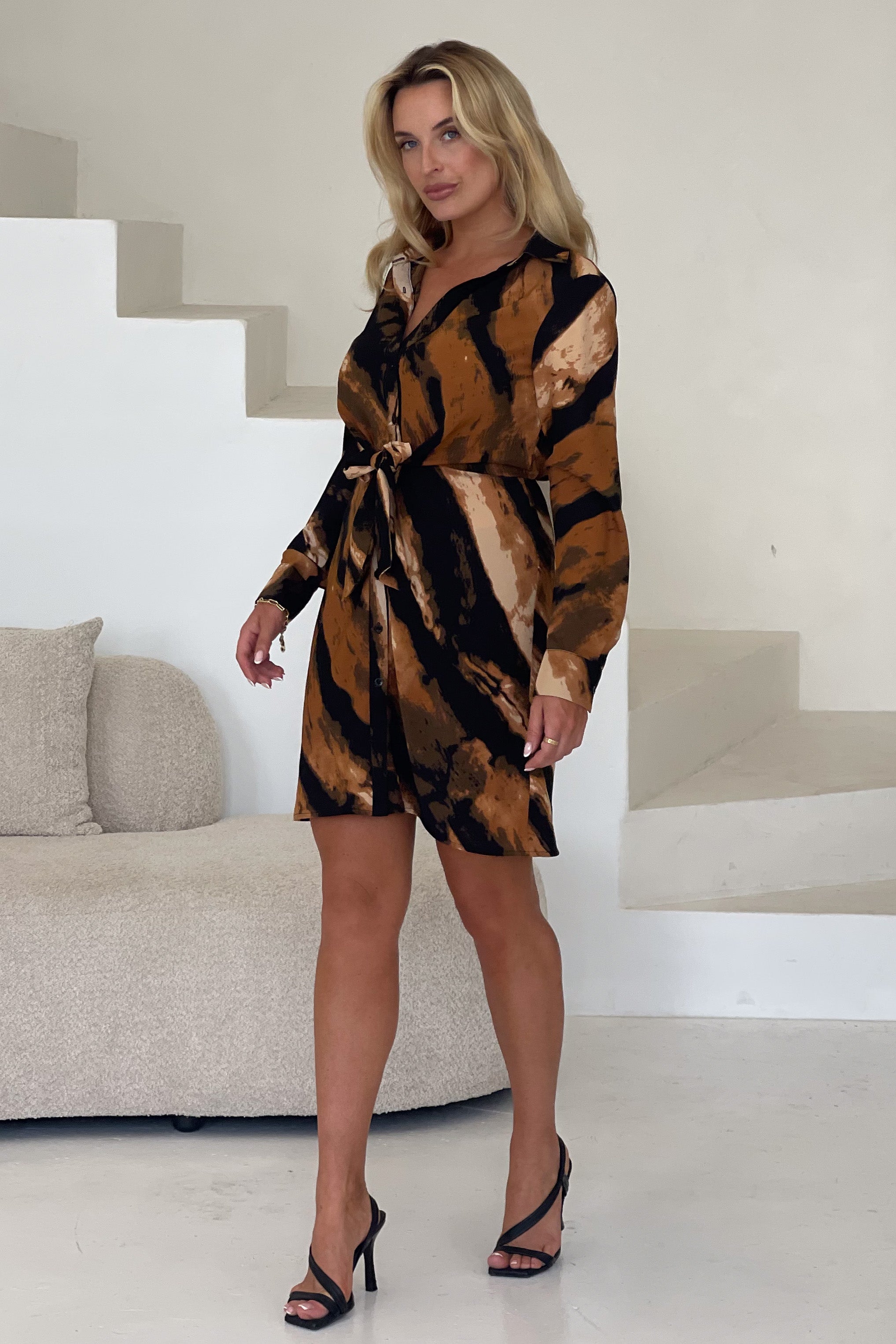 Verity Brown Stripe Tie Front Mini Dress