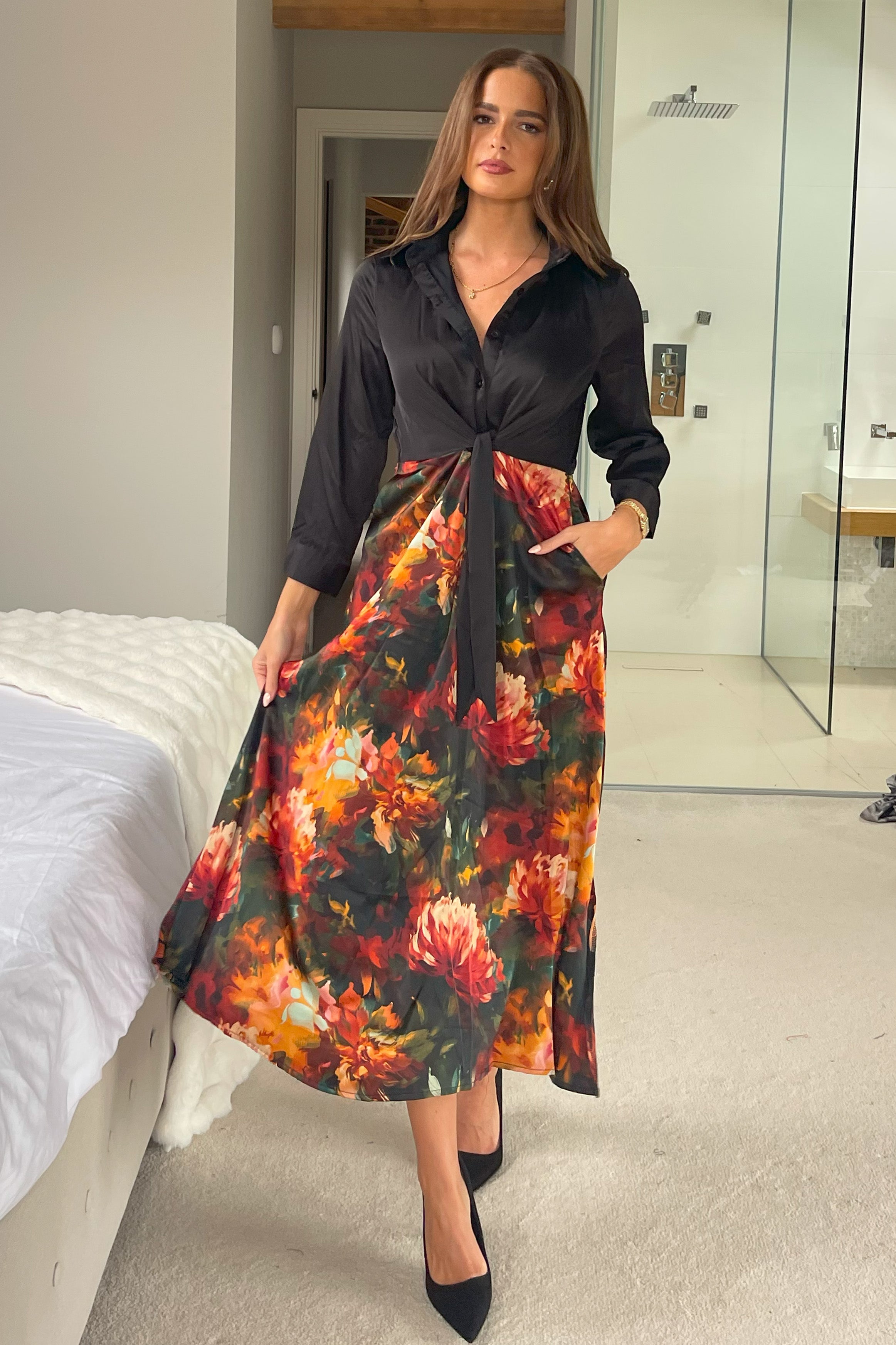 Isabella Black and Floral Tie Front Shirt Dress