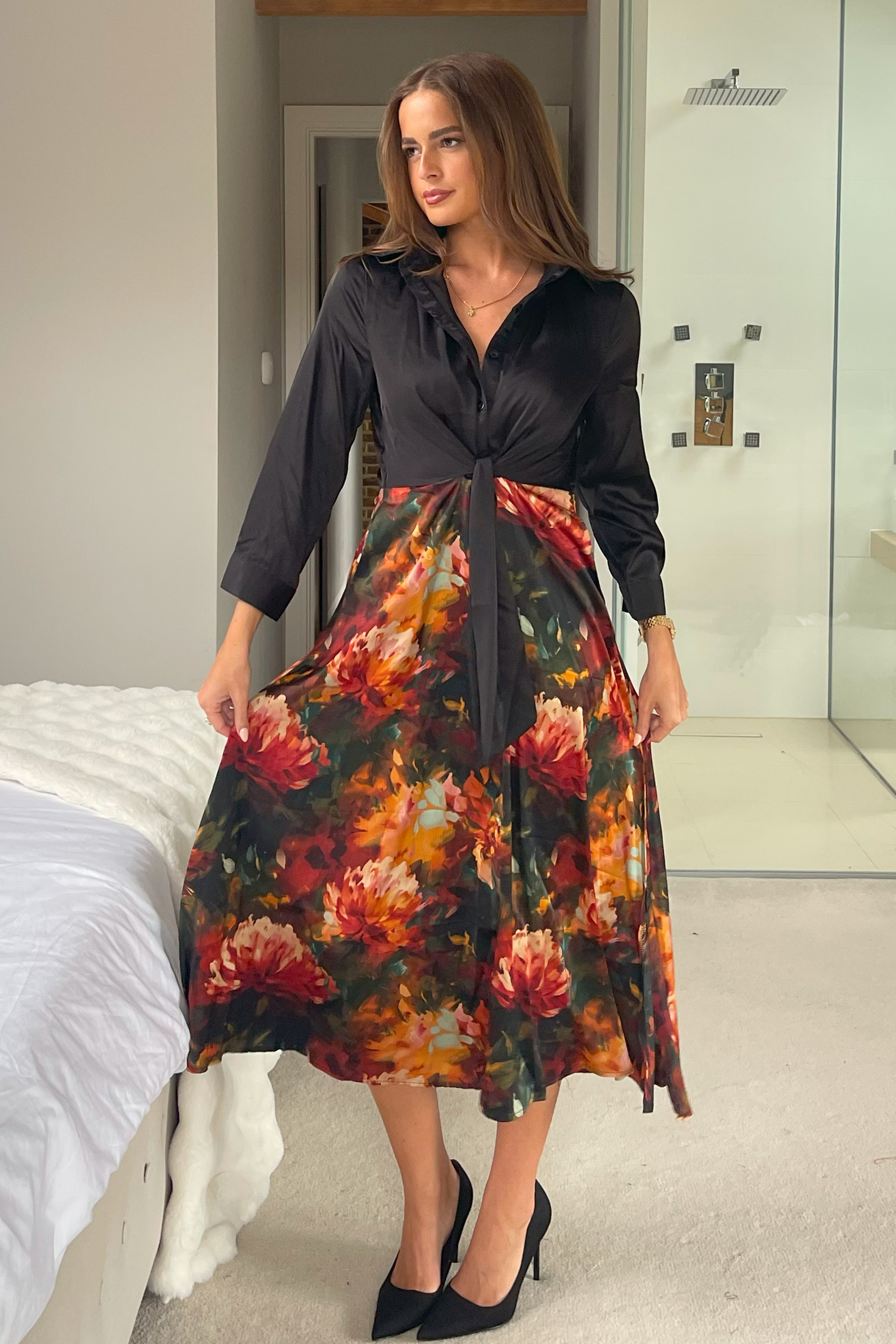 Isabella Black and Floral Tie Front Shirt Dress