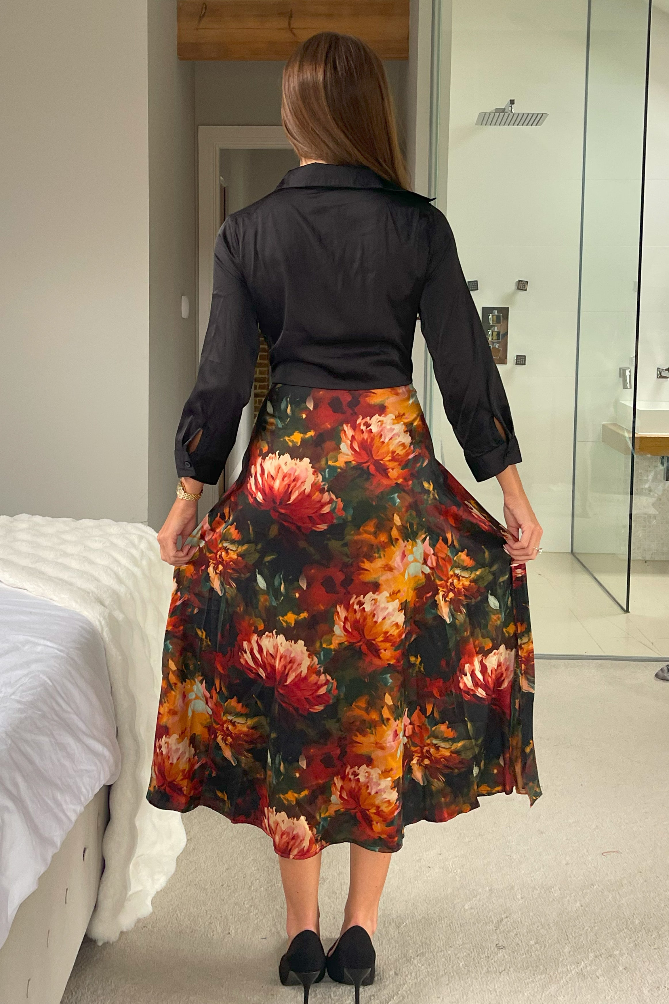 Isabella Black and Floral Tie Front Shirt Dress