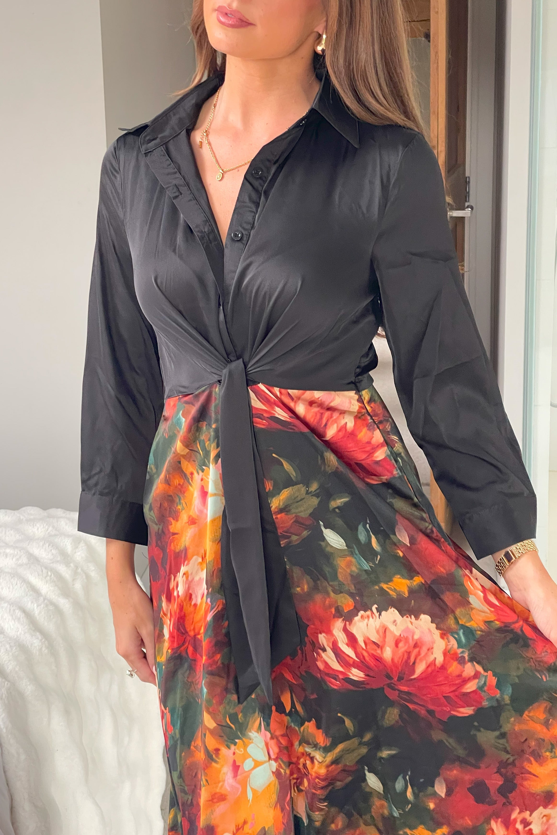 Isabella Black and Floral Tie Front Shirt Dress
