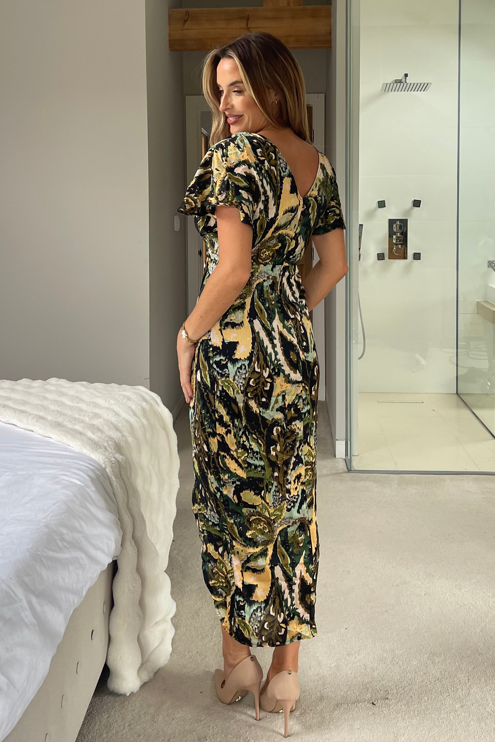 Preslee Green Abstract Wrap Over Maxi Dress
