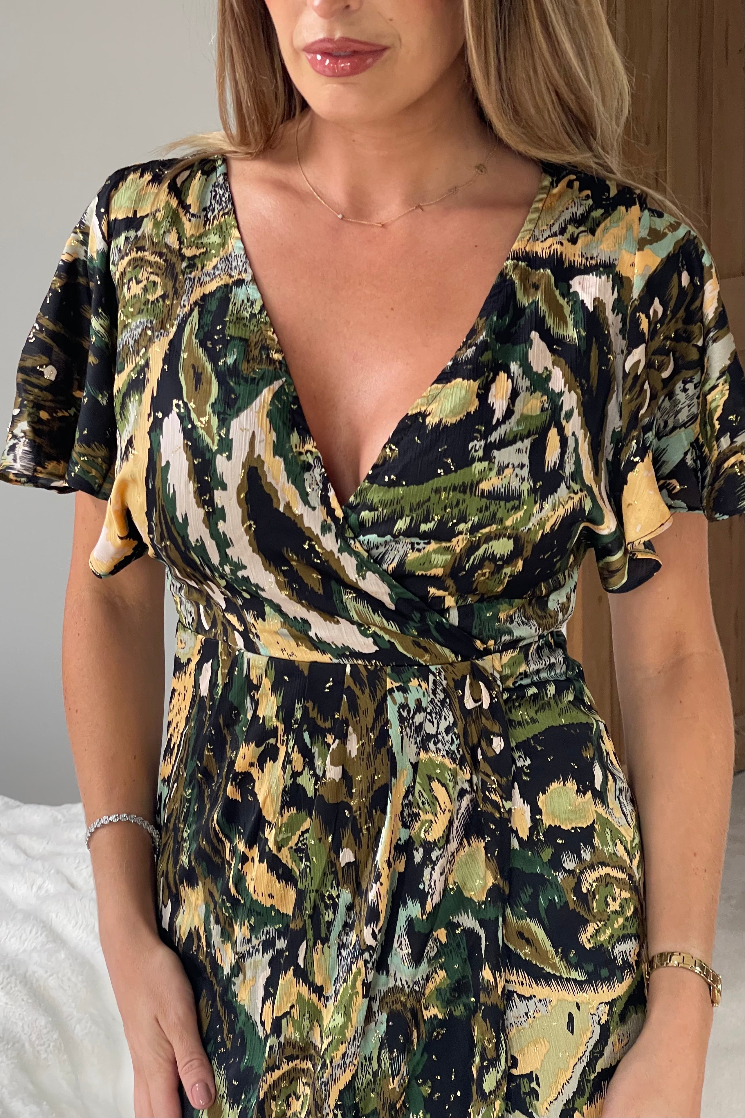 Preslee Green Abstract Wrap Over Maxi Dress