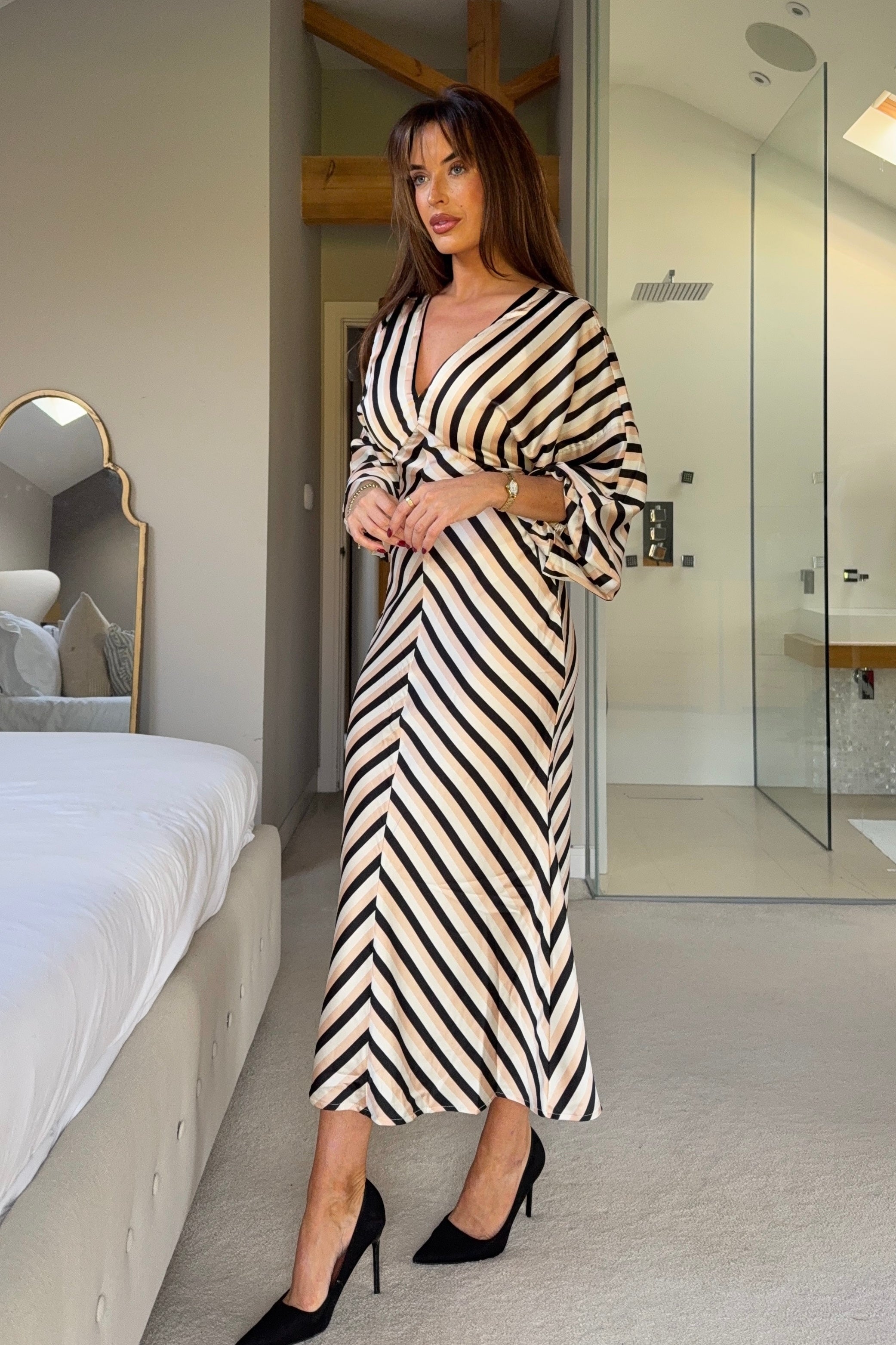 London V Neck Long Sleeves Maxi Dress In Stripe