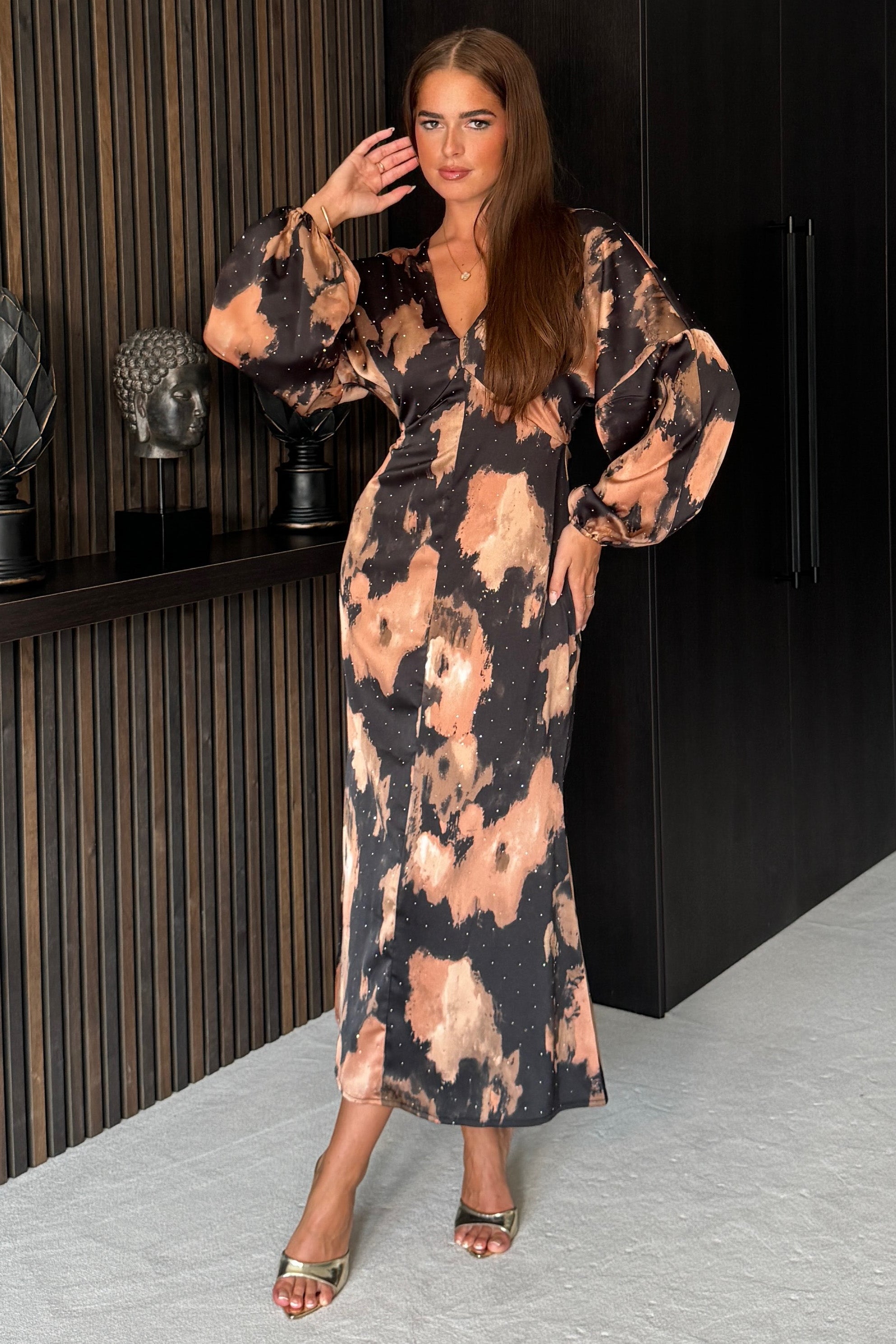 London V Neck Long Sleeve Maxi Dress in Brown Abstarct Sparkle