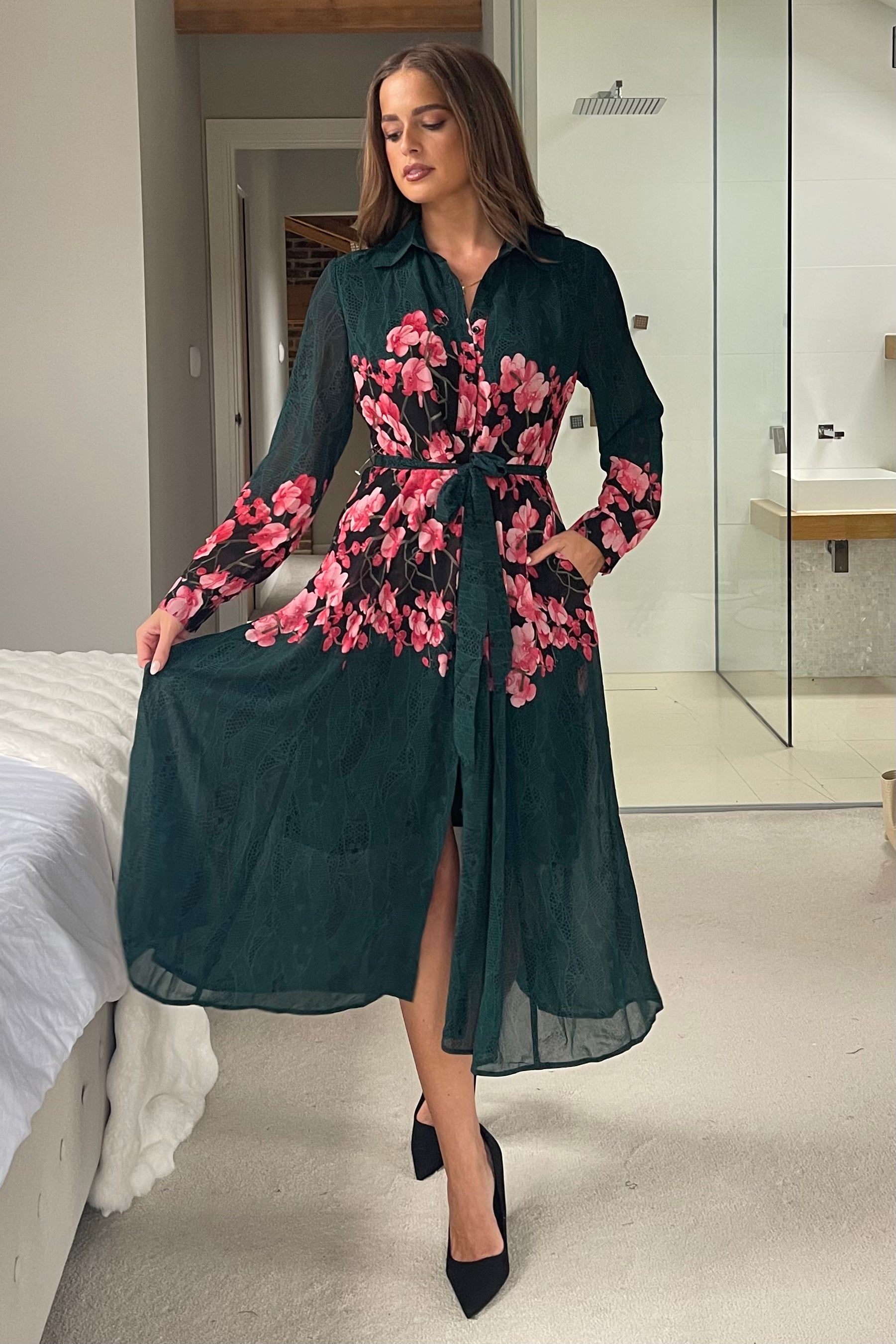 Everly Green Floral Shirt Midi Dress