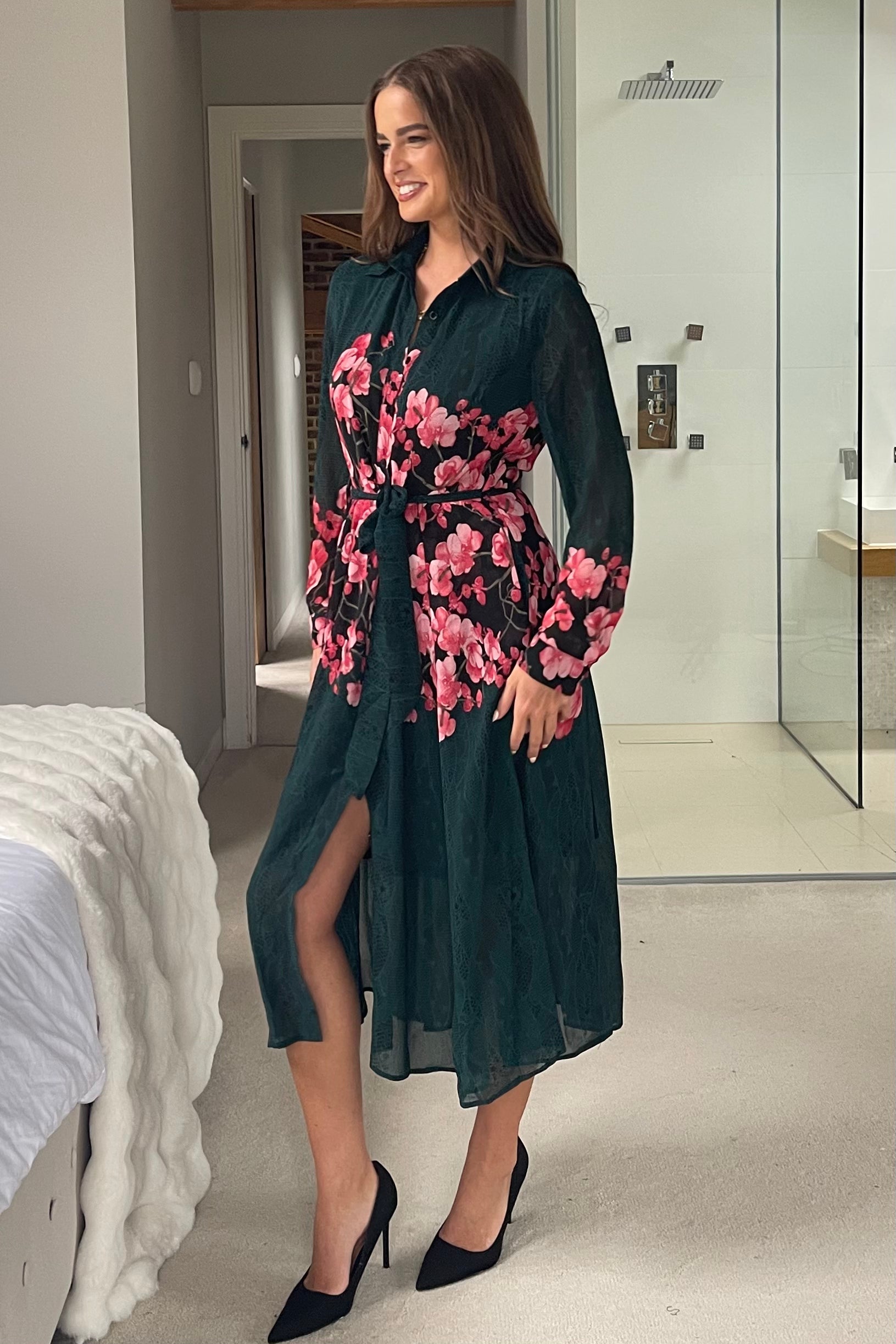 Everly Green Floral Shirt Midi Dress