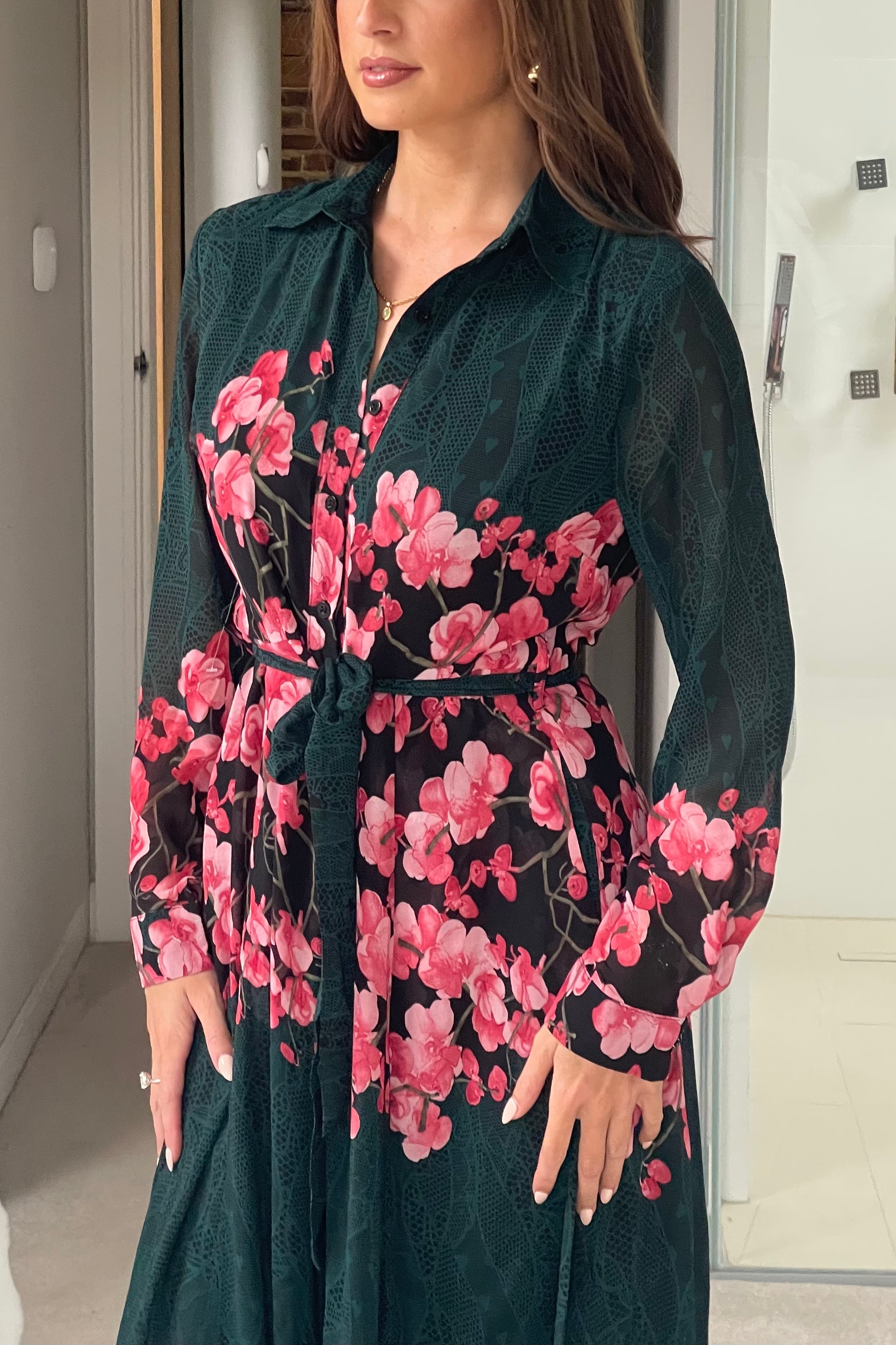 Everly Green Floral Shirt Midi Dress