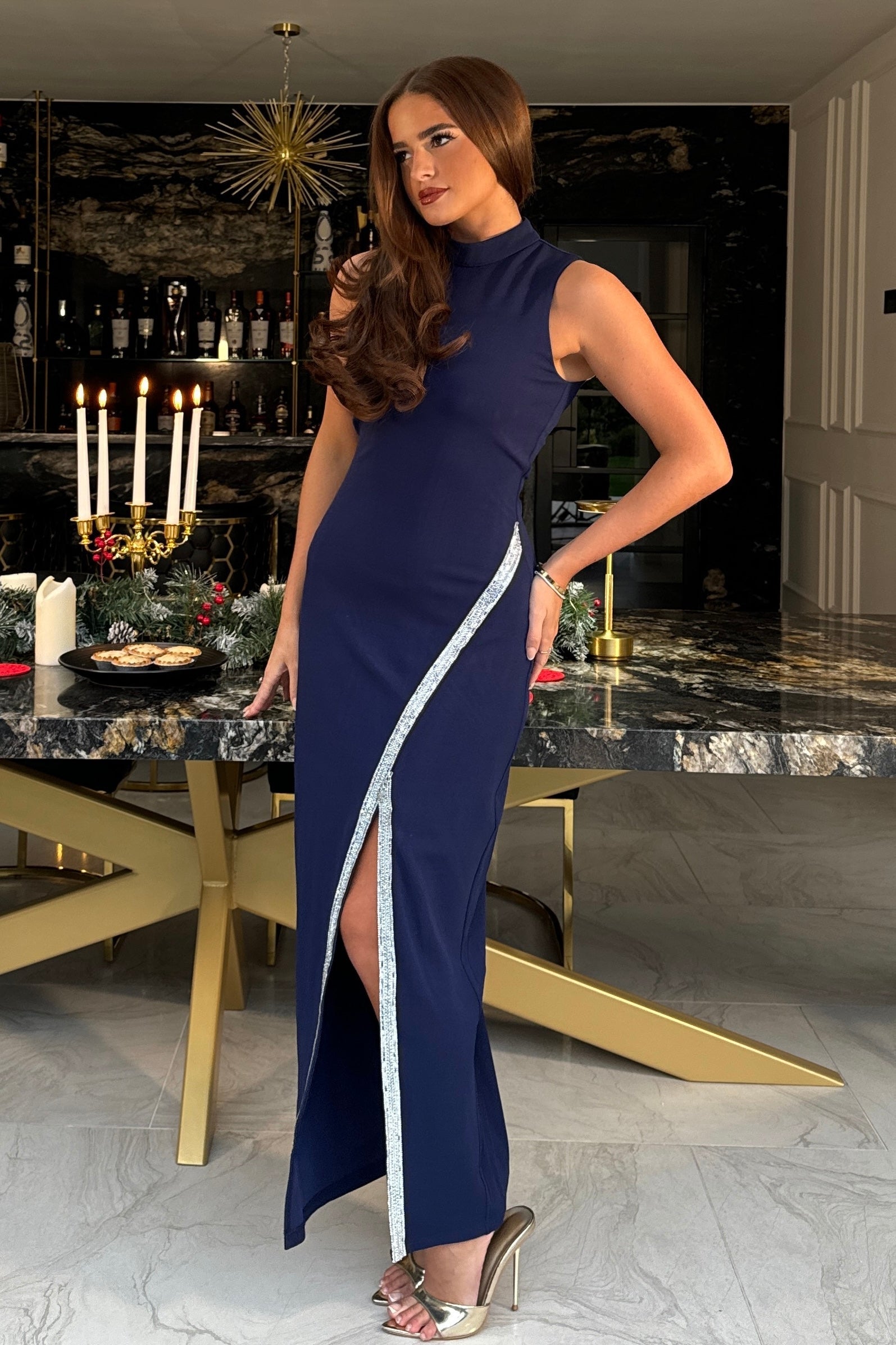 Thalia High Neck Maxi With Crystal Split Detail Navy