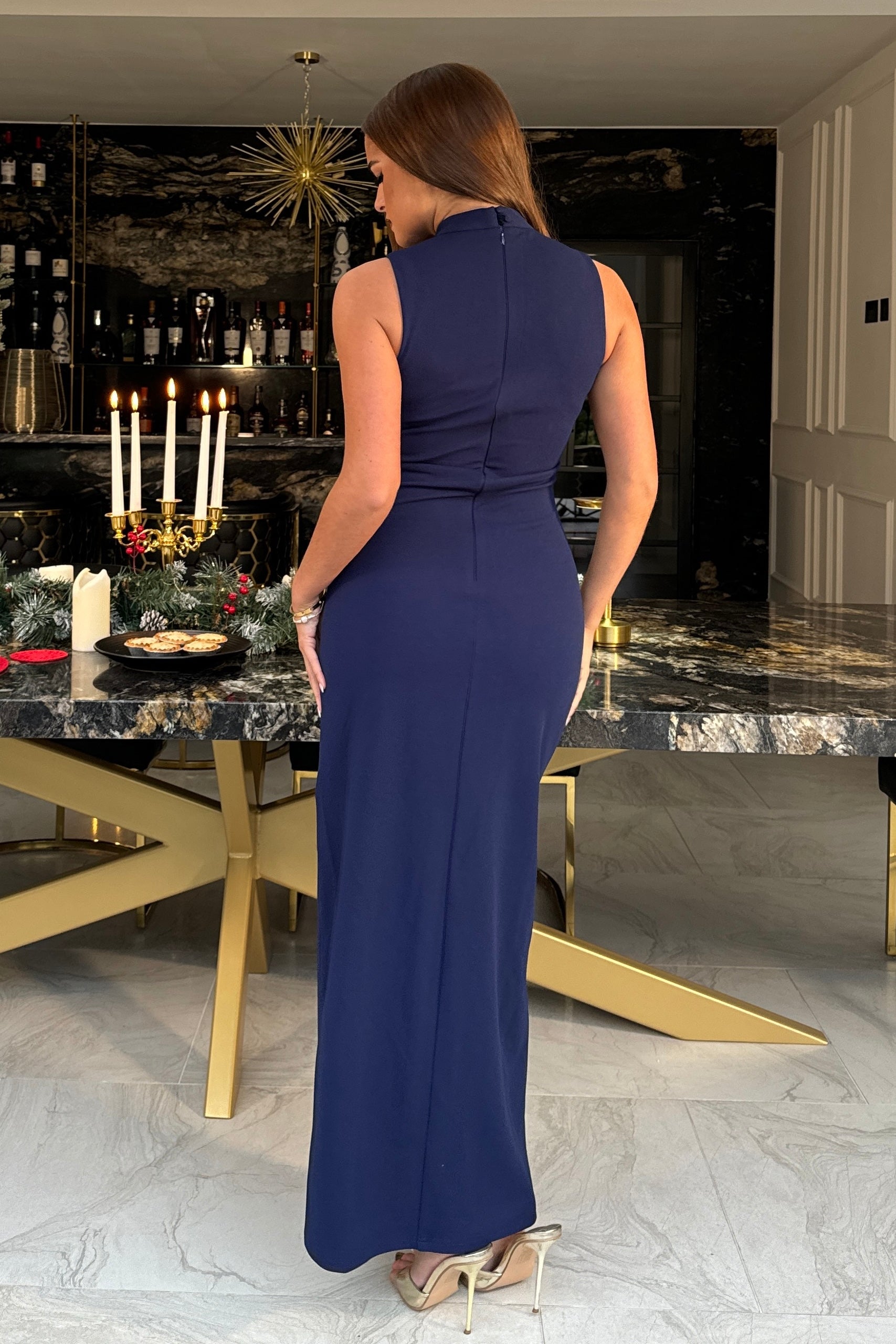 Thalia High Neck Maxi With Crystal Split Detail Navy