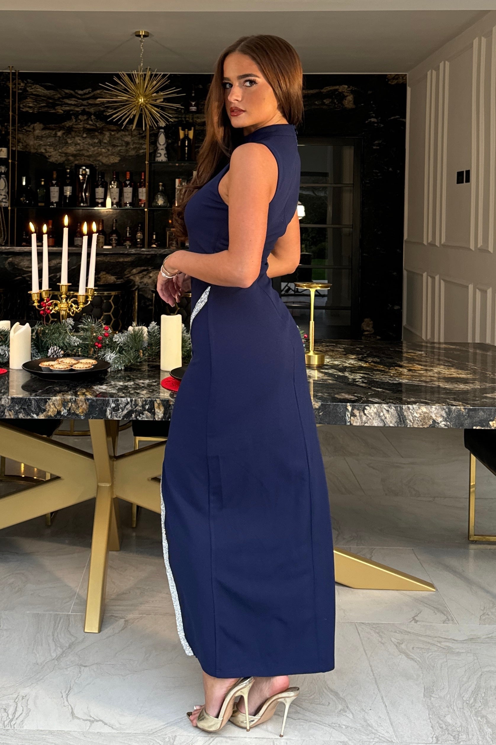 Thalia High Neck Maxi With Crystal Split Detail Navy