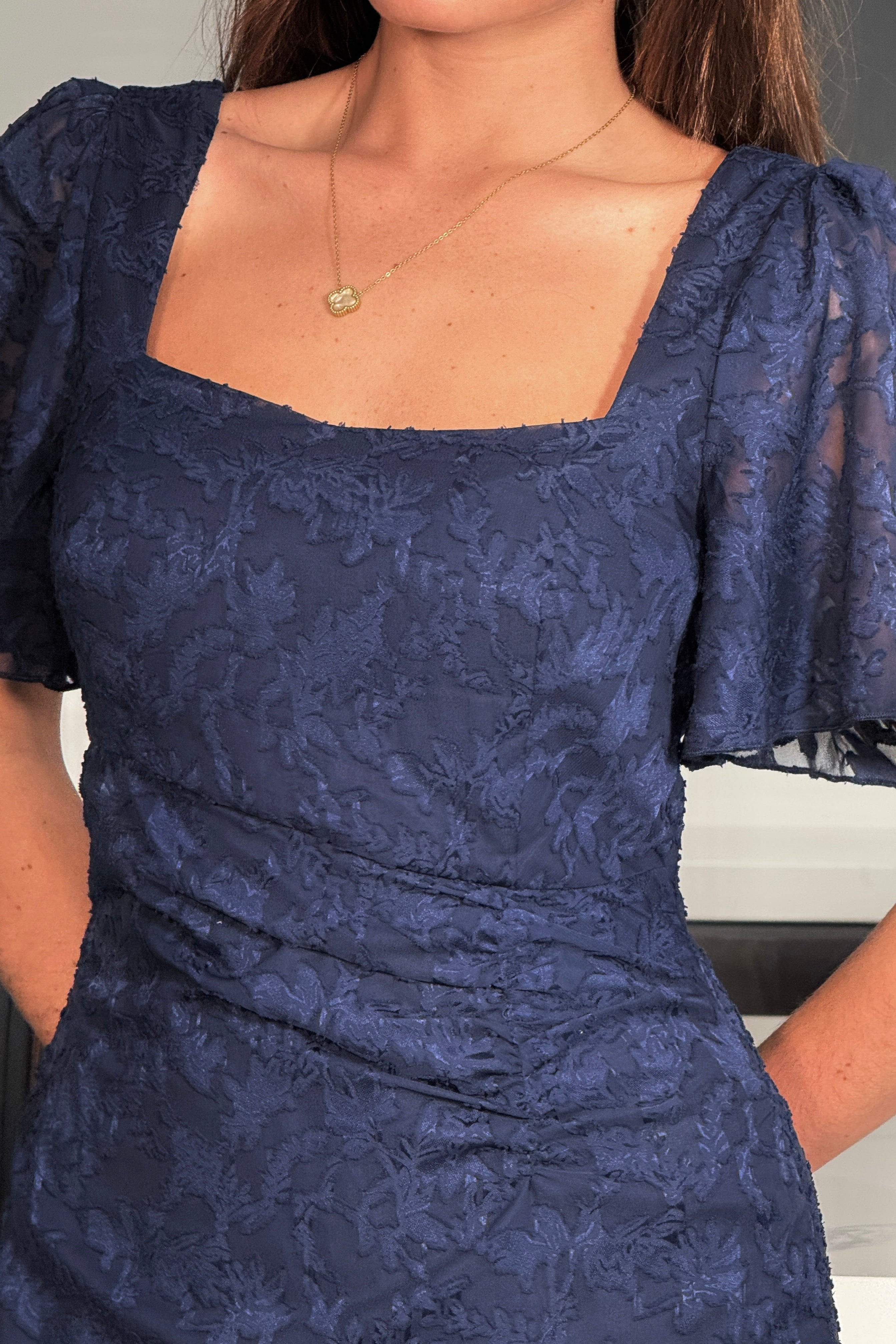 Heidi Floral Burnout Ruched Midi Dress Navy