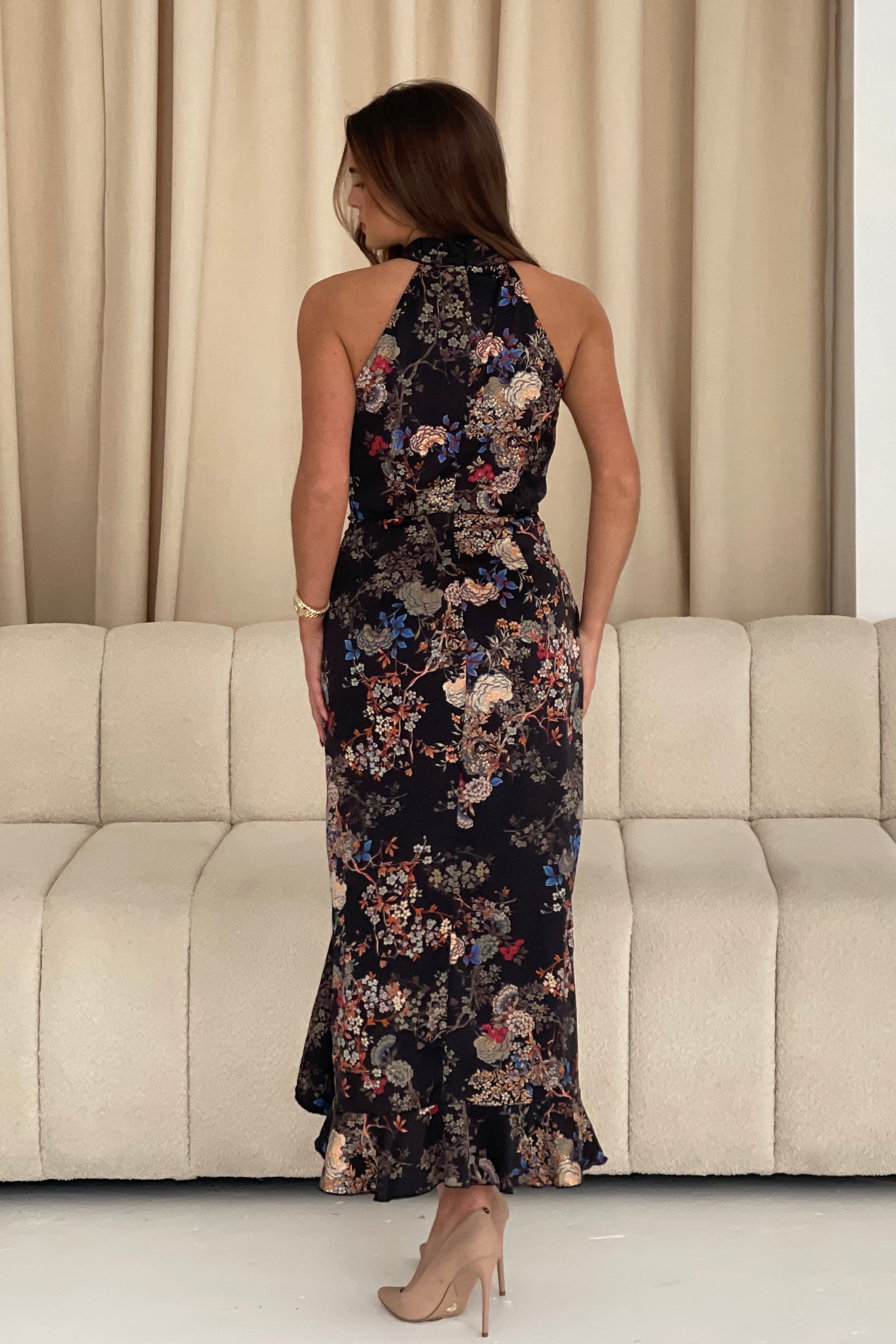 Amani Ruched Halter Neck Midi Dress Black Floral